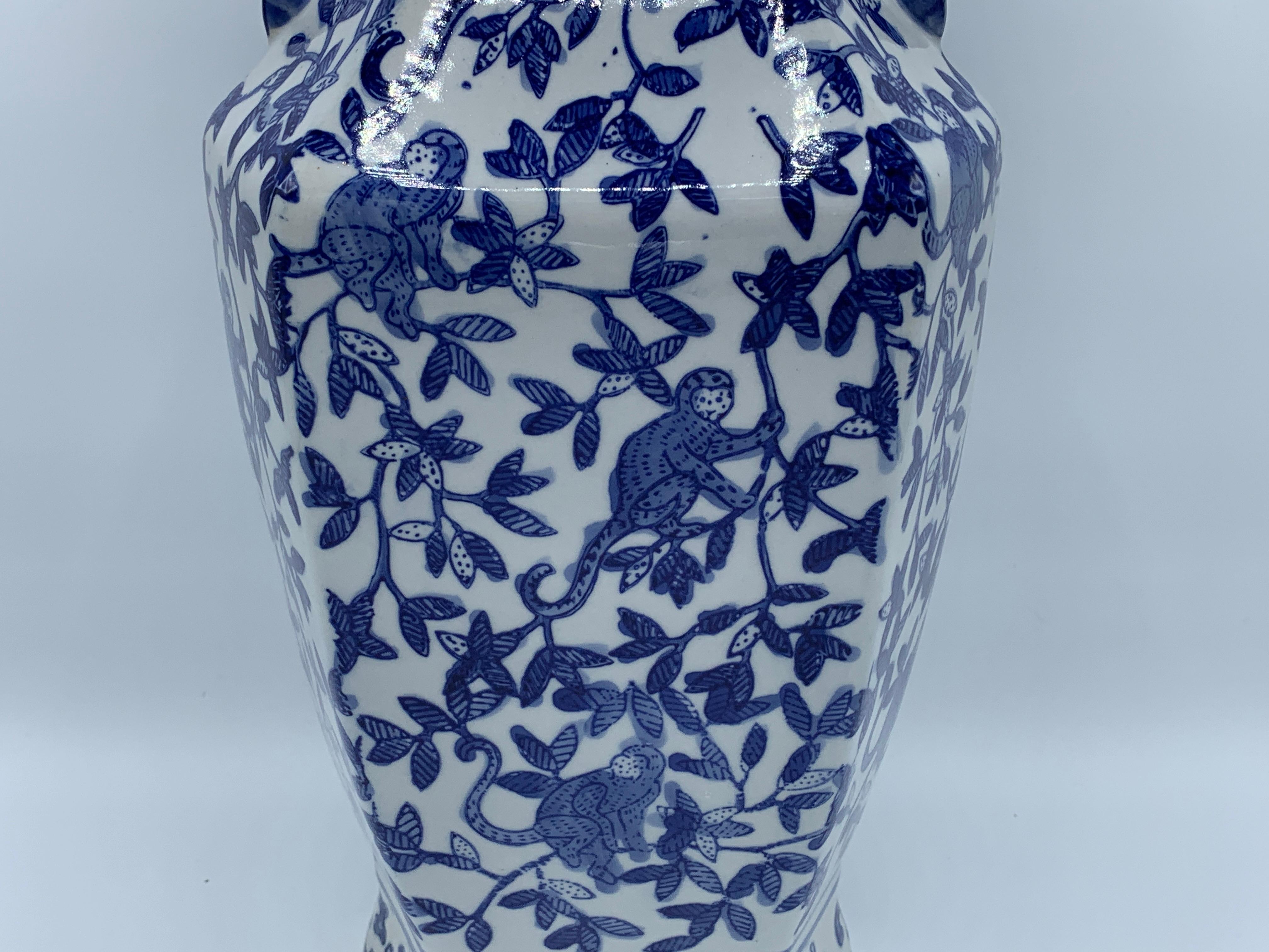 Ceramic 1980s Blue and White Chinoiserie Vase with Monkey Motif