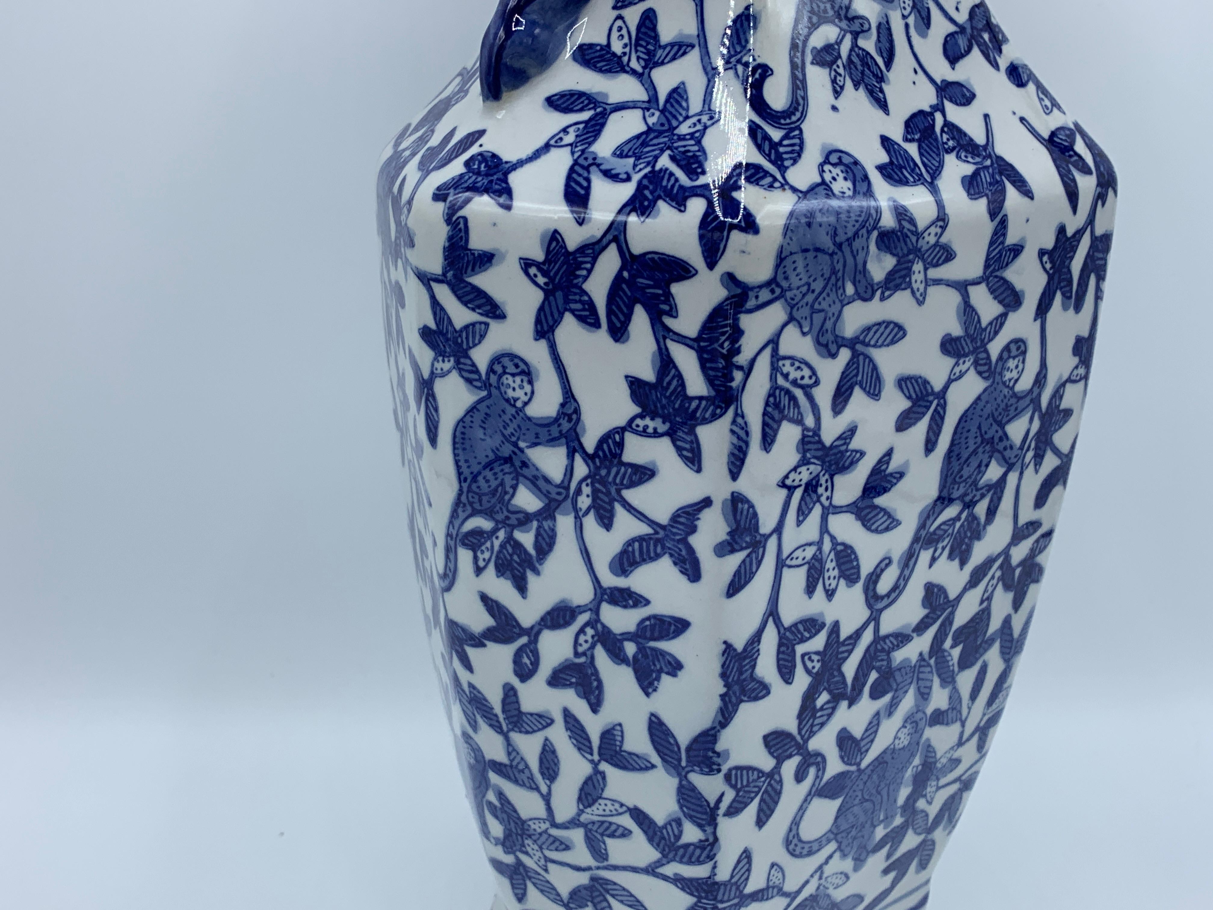 1980s Blue and White Chinoiserie Vase with Monkey Motif 1