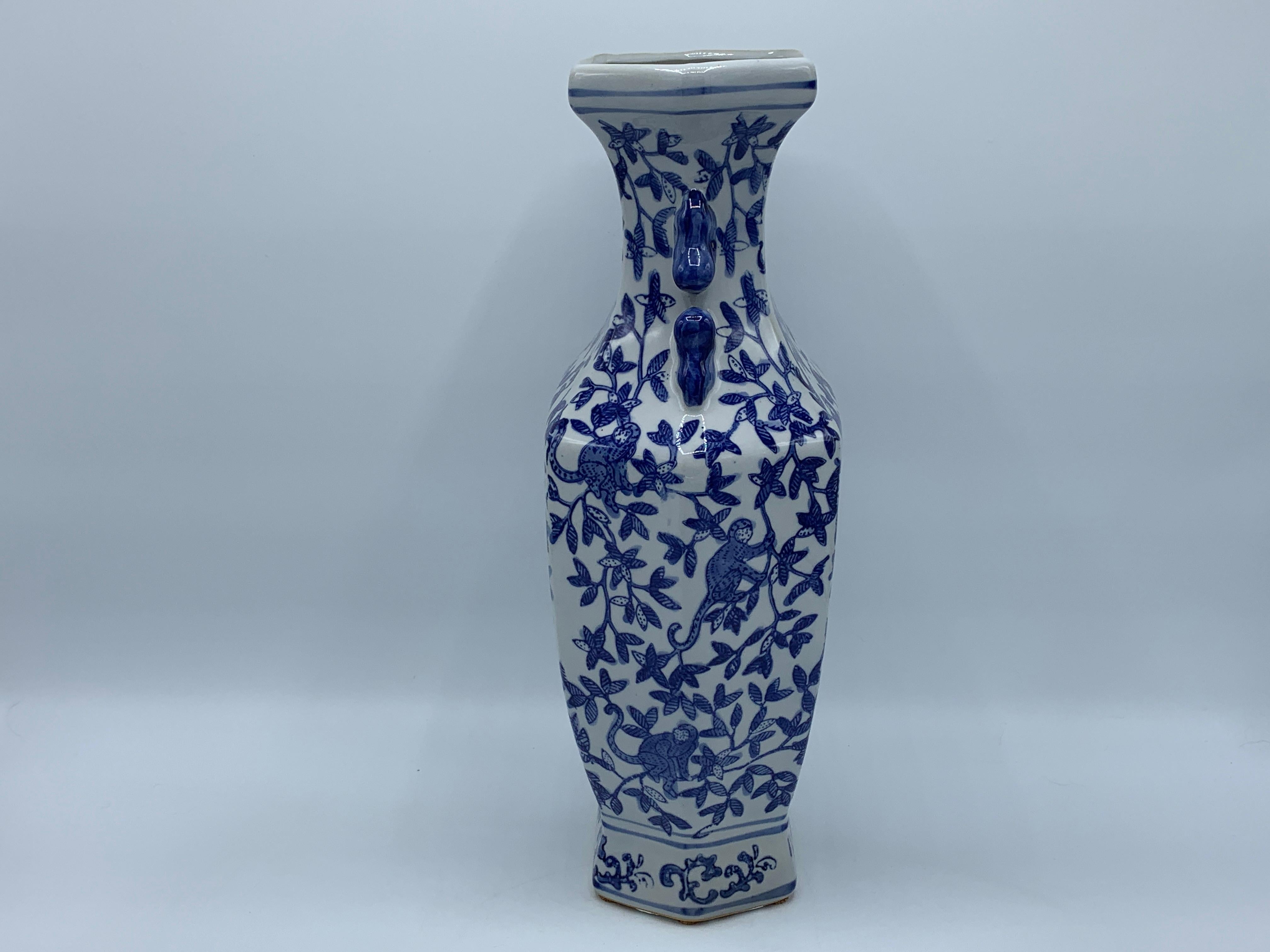 1980s Blue and White Chinoiserie Vase with Monkey Motif 2