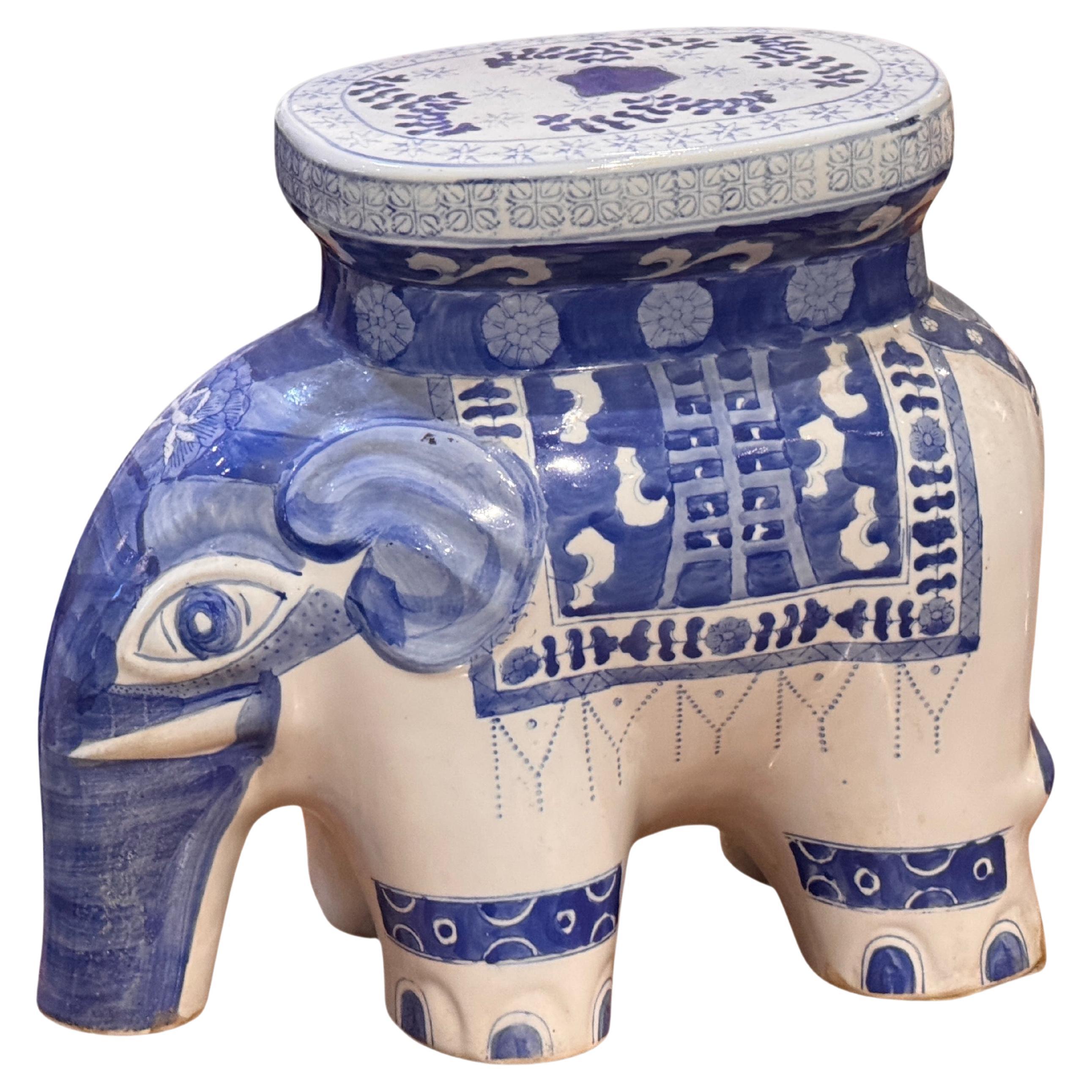 1980s Blue and White Elephant Stool For Sale