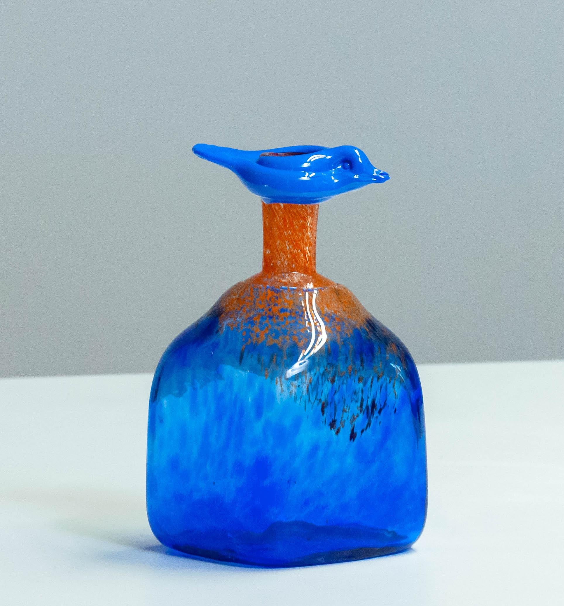 Modern 1980s Blue Art Glass Bottle Handmade by Staffan Gellerstedt at Studio Glashyttan For Sale