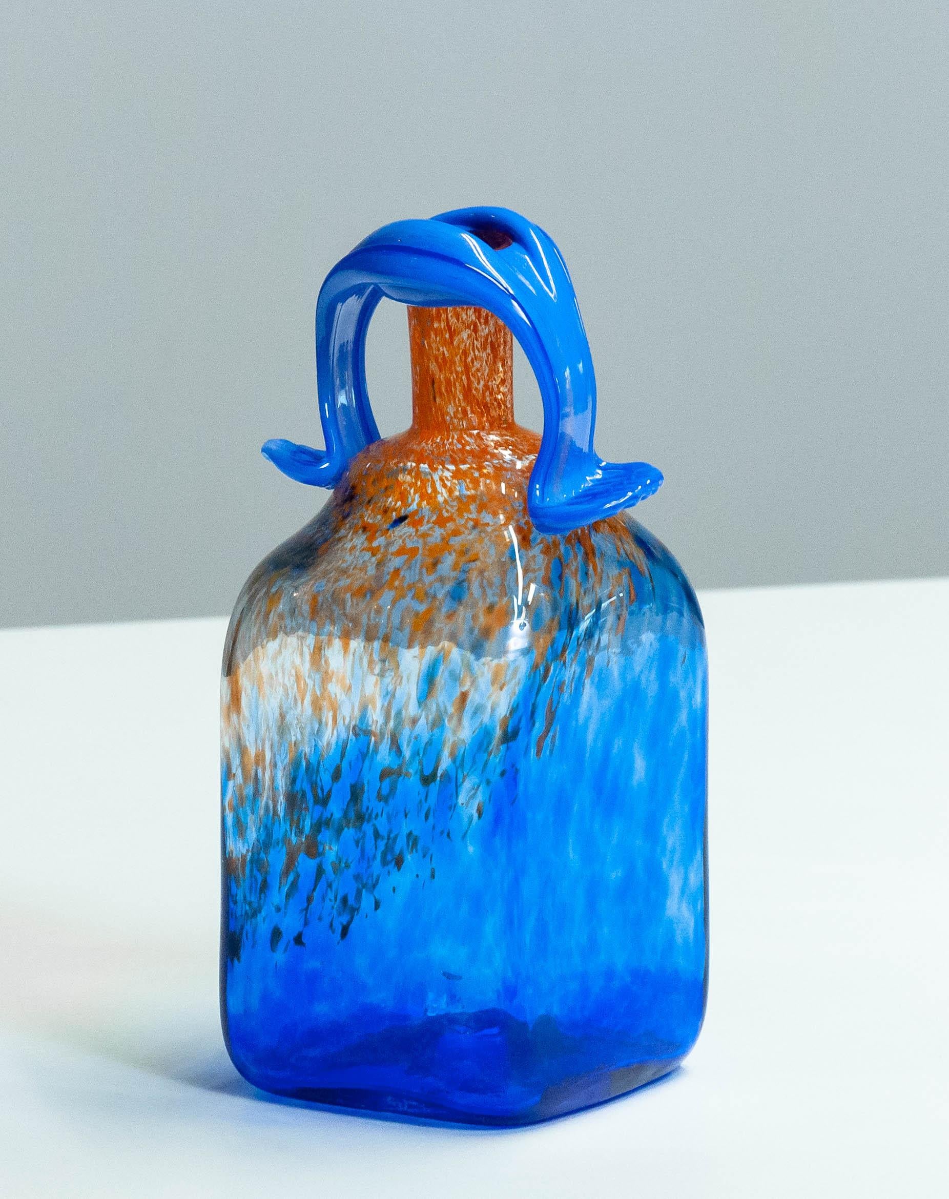 Swedish 1980s Blue Art Glass Bottle Handmade by Staffan Gellerstedt at Studio Glashyttan For Sale