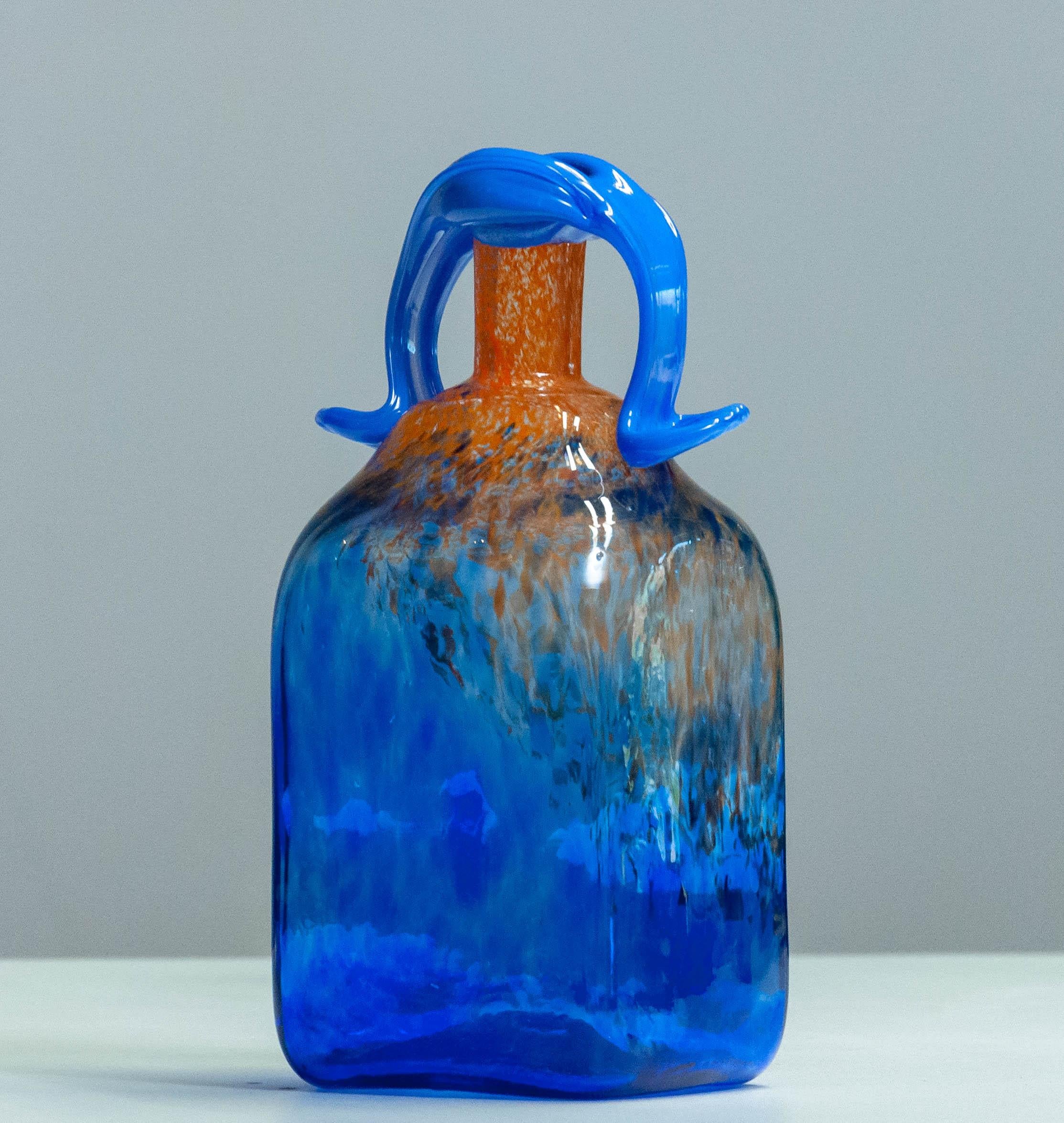 Late 20th Century 1980s Blue Art Glass Bottle Handmade by Staffan Gellerstedt at Studio Glashyttan For Sale