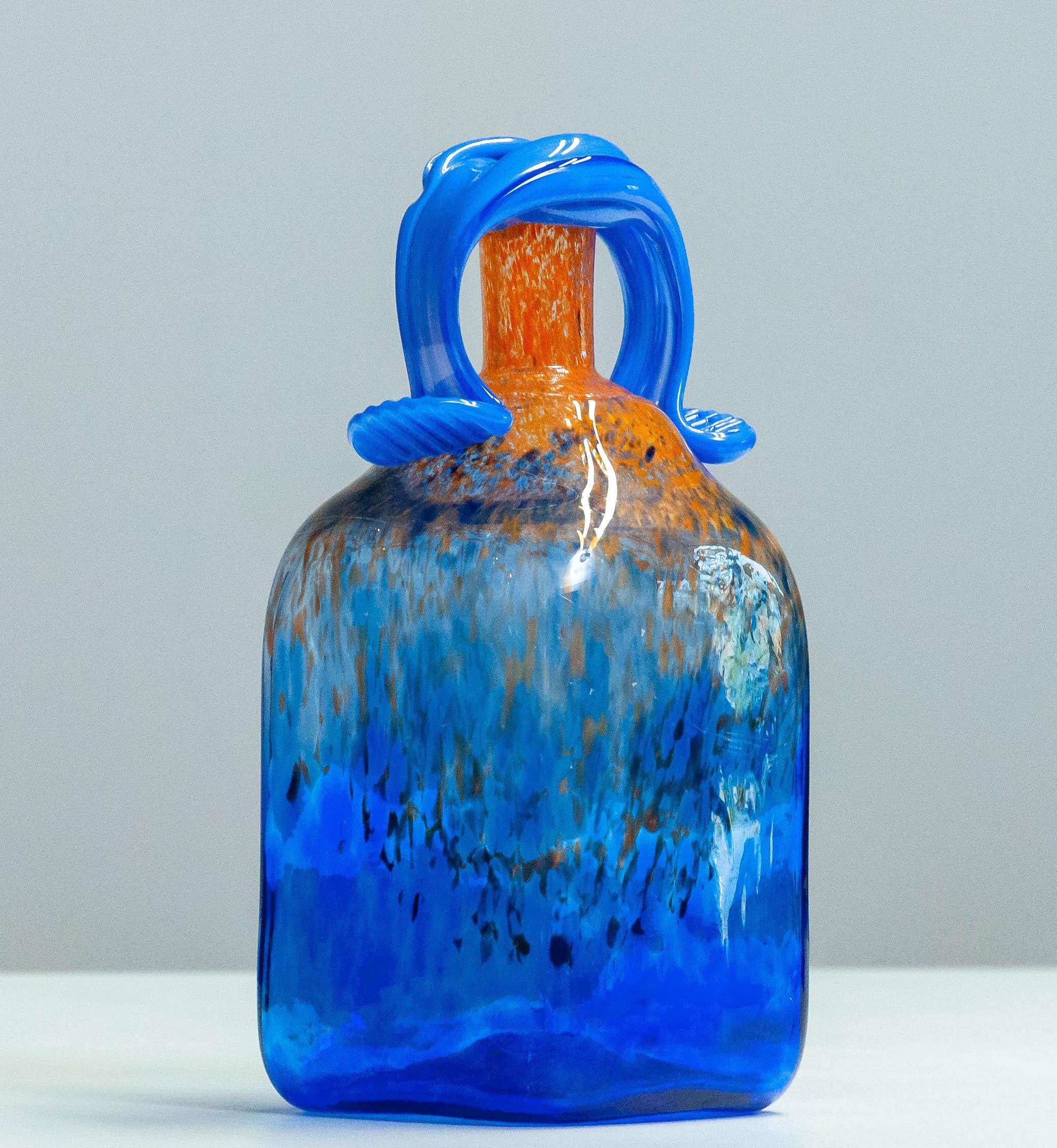 Late 20th Century 1980s Blue Art Glass Bottle Handmade by Staffan Gellerstedt at Studio Glashyttan For Sale