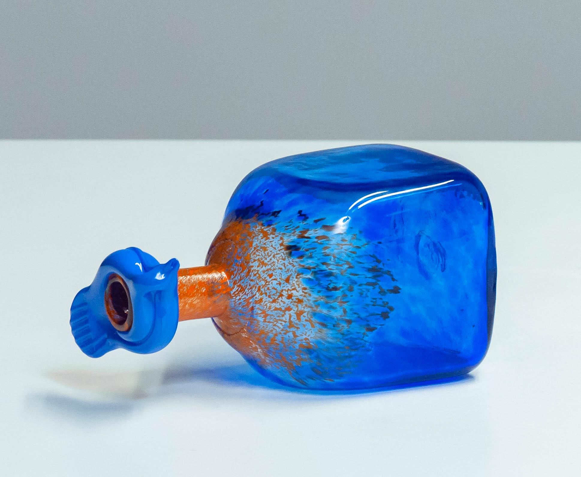 1980s Blue Art Glass Bottle Handmade by Staffan Gellerstedt at Studio Glashyttan For Sale 1