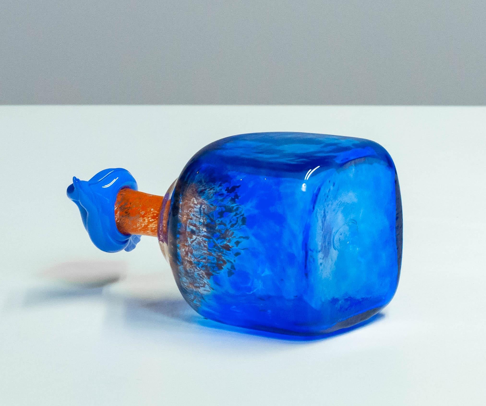 1980s Blue Art Glass Bottle Handmade by Staffan Gellerstedt at Studio Glashyttan For Sale 2