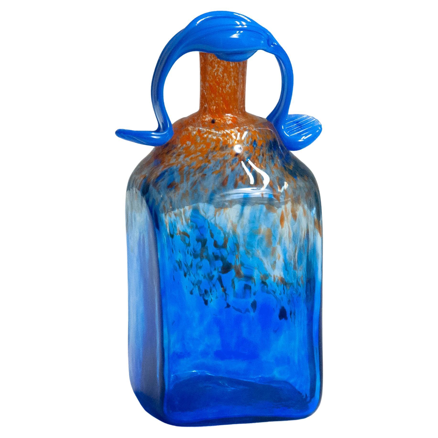 1980s Blue Art Glass Bottle Handmade by Staffan Gellerstedt at Studio Glashyttan For Sale