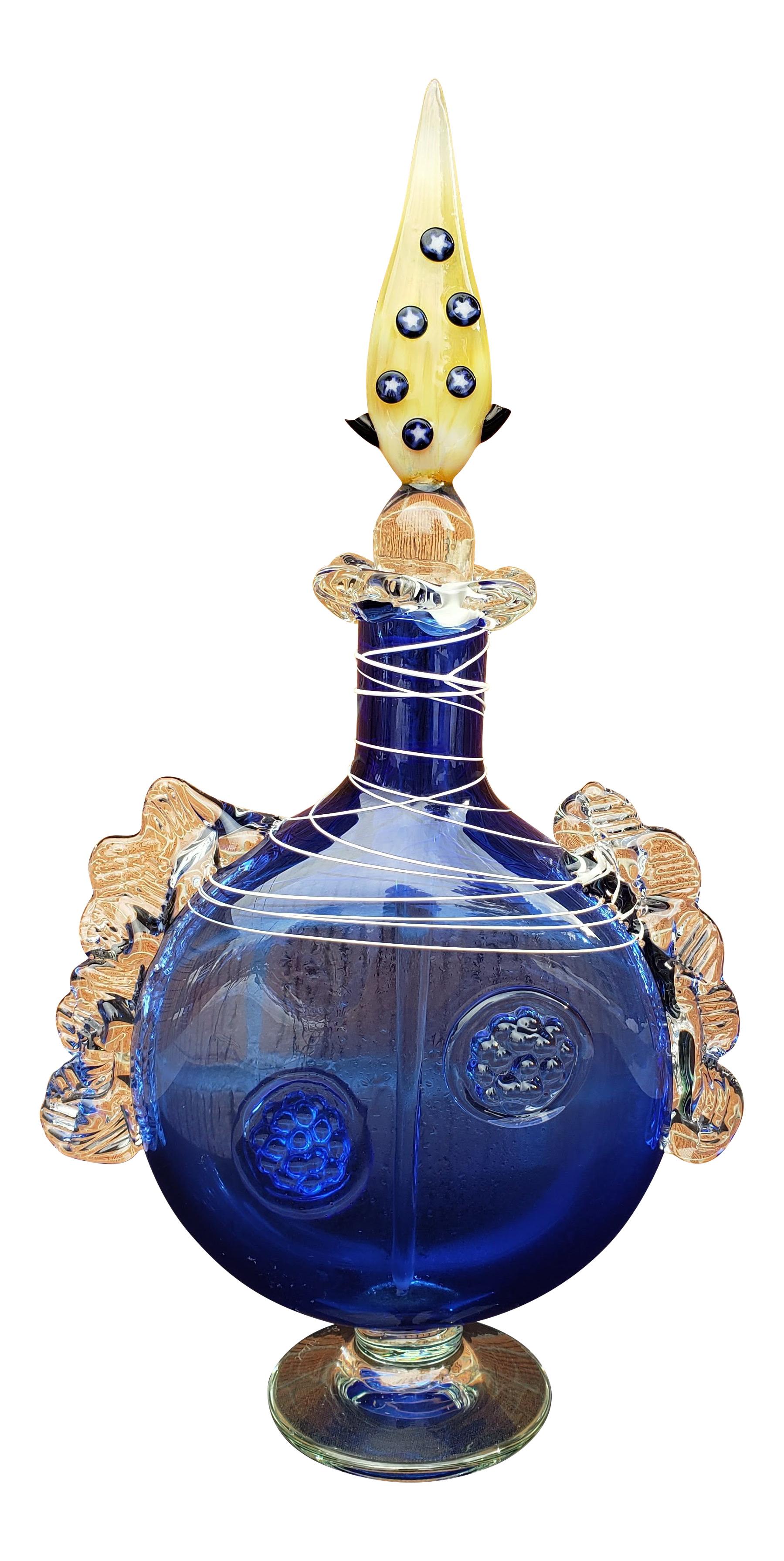 1980s Blue Blown Glass Perfume Bottle 5