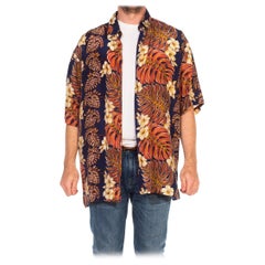 1980S Blue & Brown Silk Vintage 40S Tropical Printed Men's Shirt