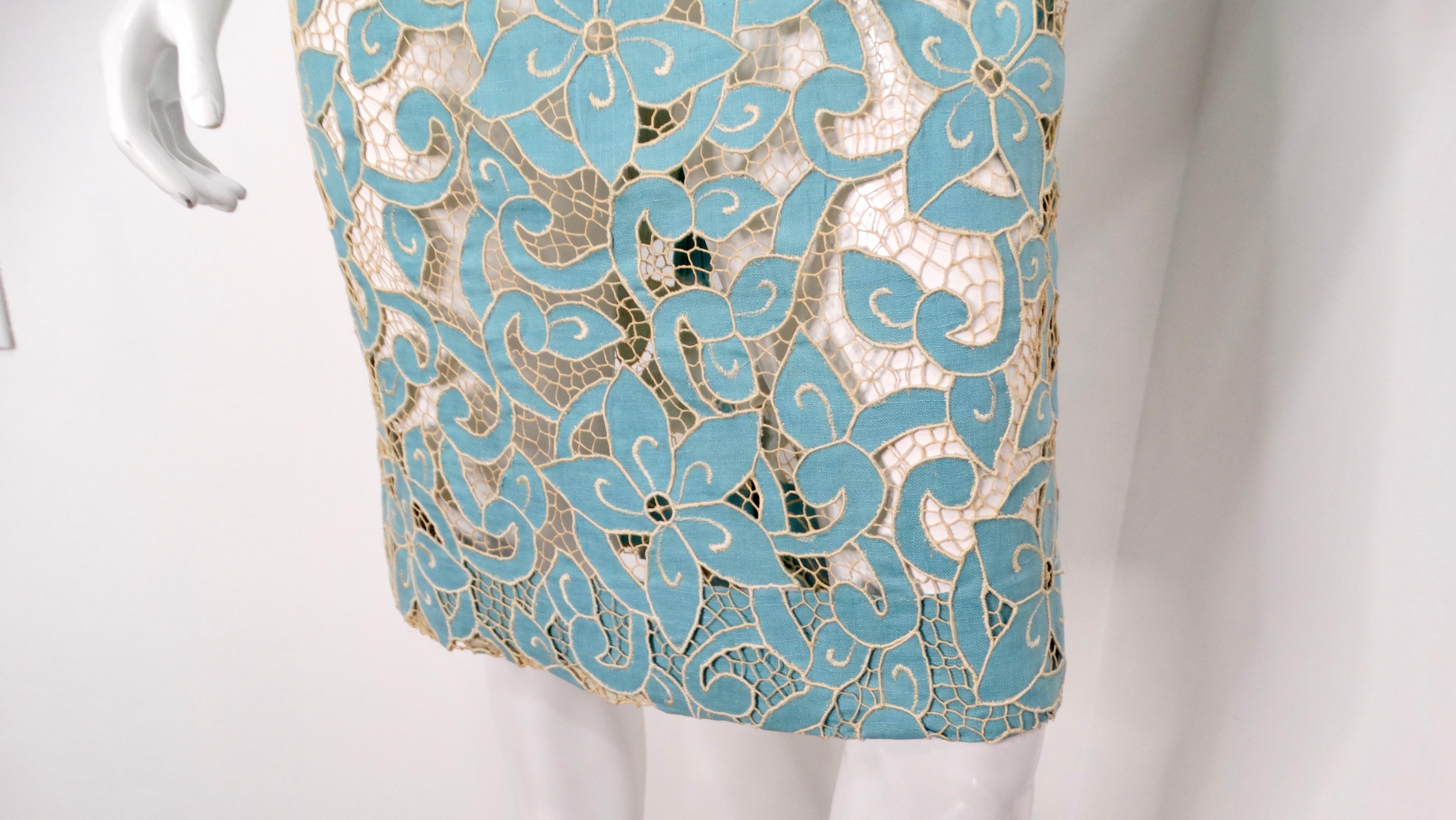 White 1980s Blue & Cream Floral Net Detail Cut-Out Midi Dress For Sale