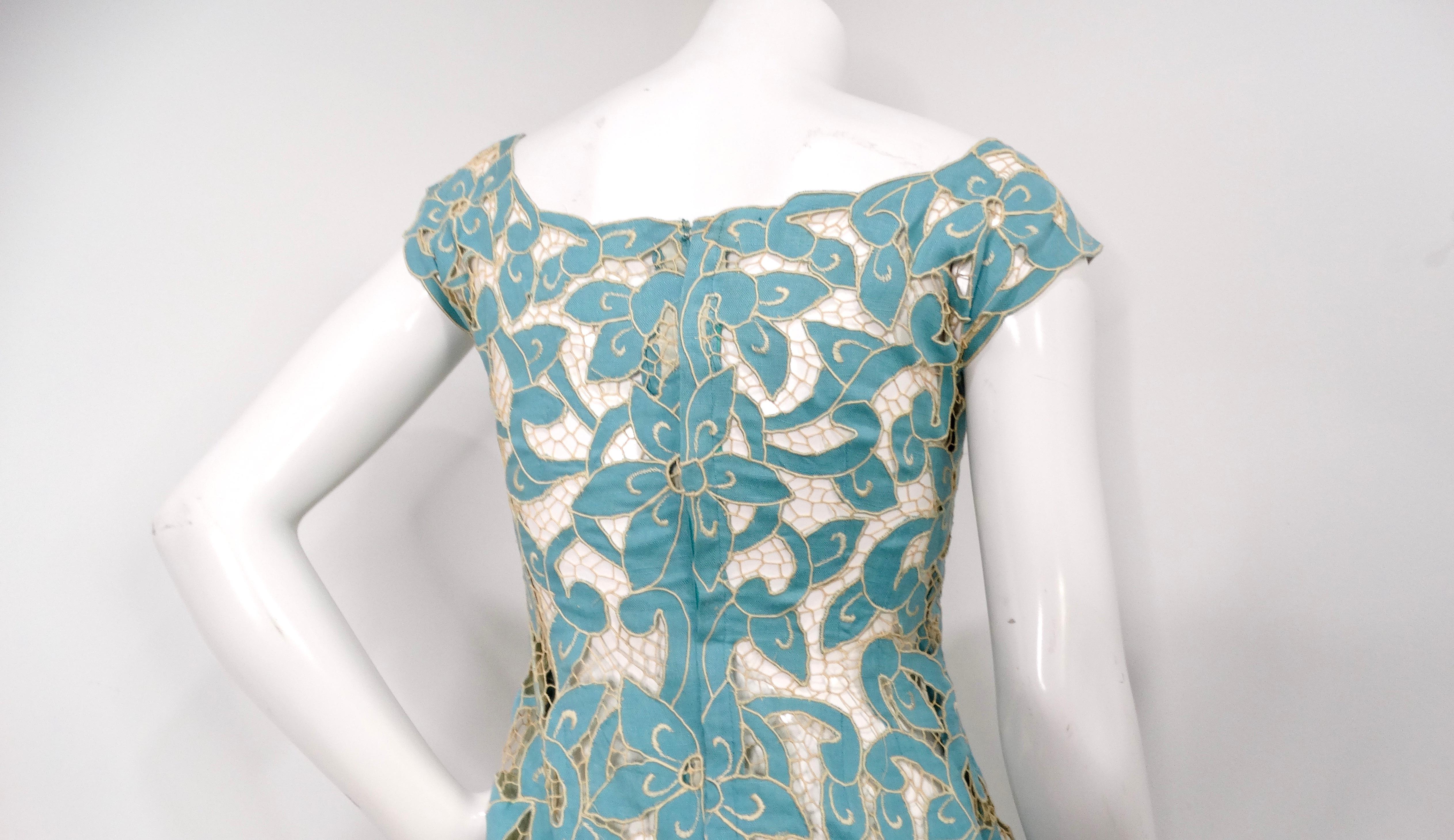 1980s Blue & Cream Floral Net Detail Cut-Out Midi Dress For Sale 1