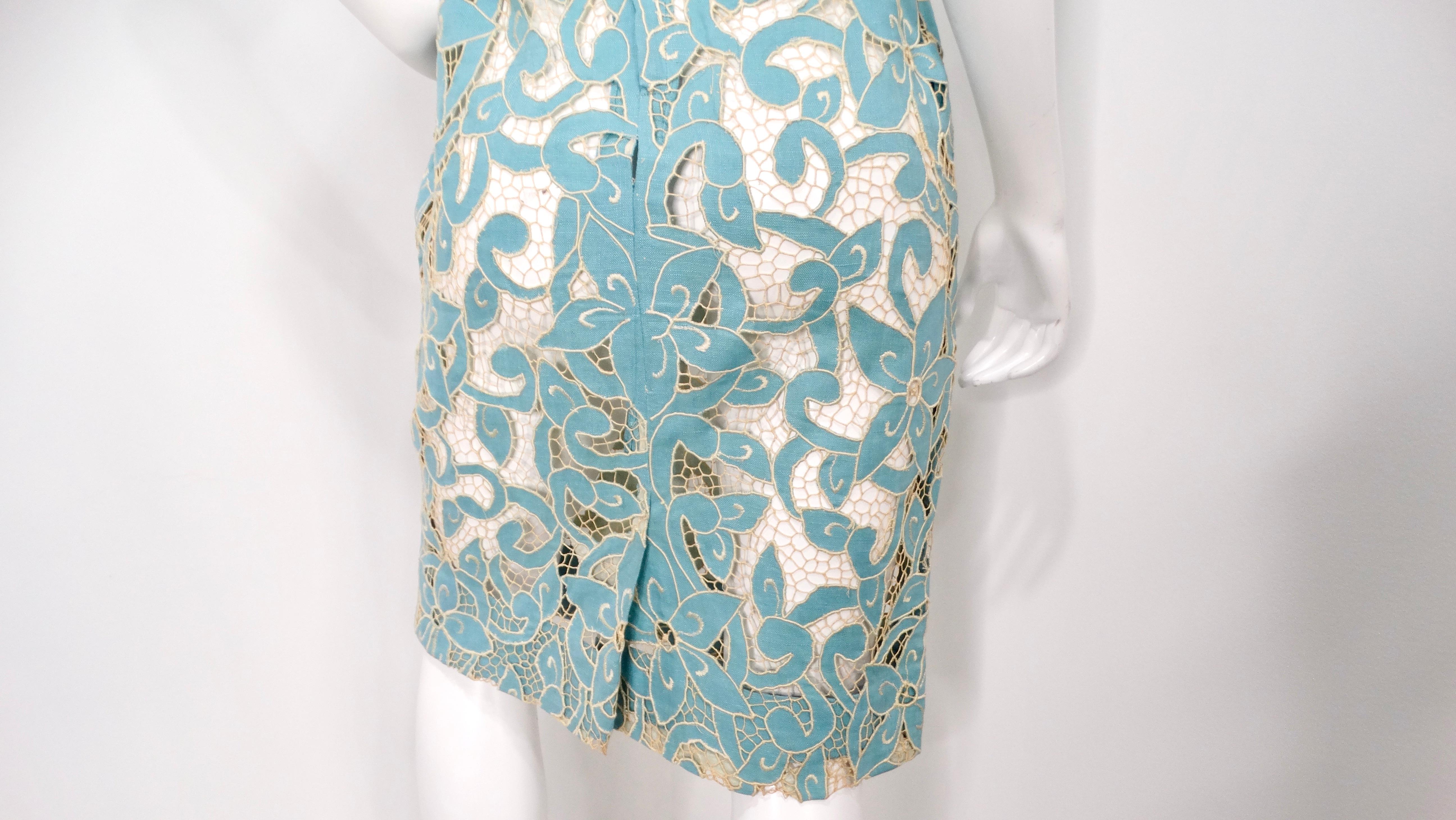1980s Blue & Cream Floral Net Detail Cut-Out Midi Dress For Sale 2