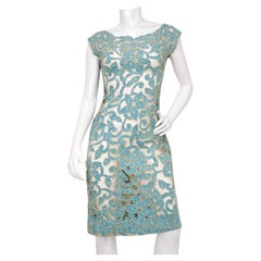 Vintage 1980s Blue & Cream Floral Net Detail Cut-Out Midi Dress