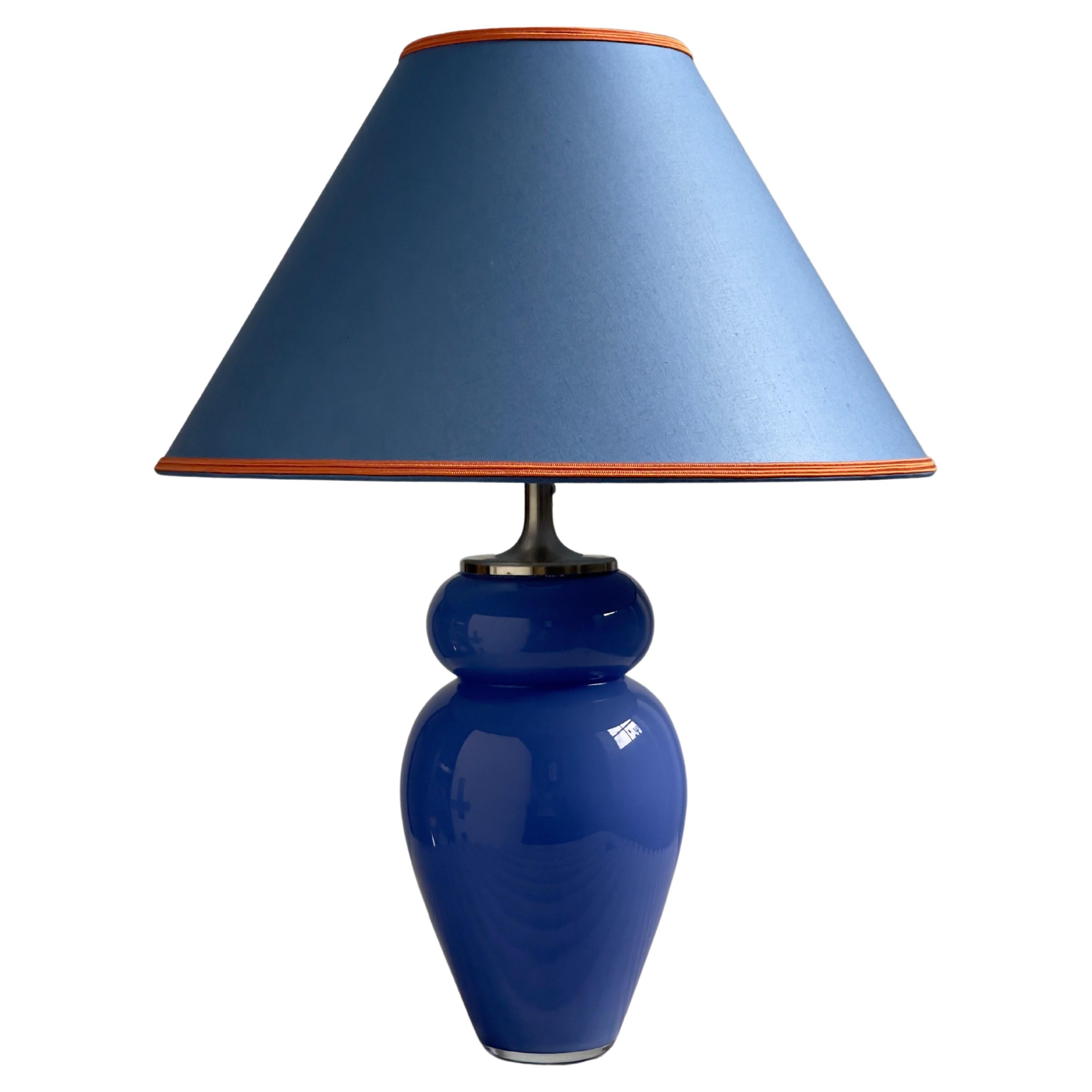 1980s Blue Crystal Glass Table Lamp with Blue Shade by Royal Copenhagen, Denmark For Sale