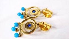1980s Blue Dangle 18k Gold Plated Clip-On Earrings