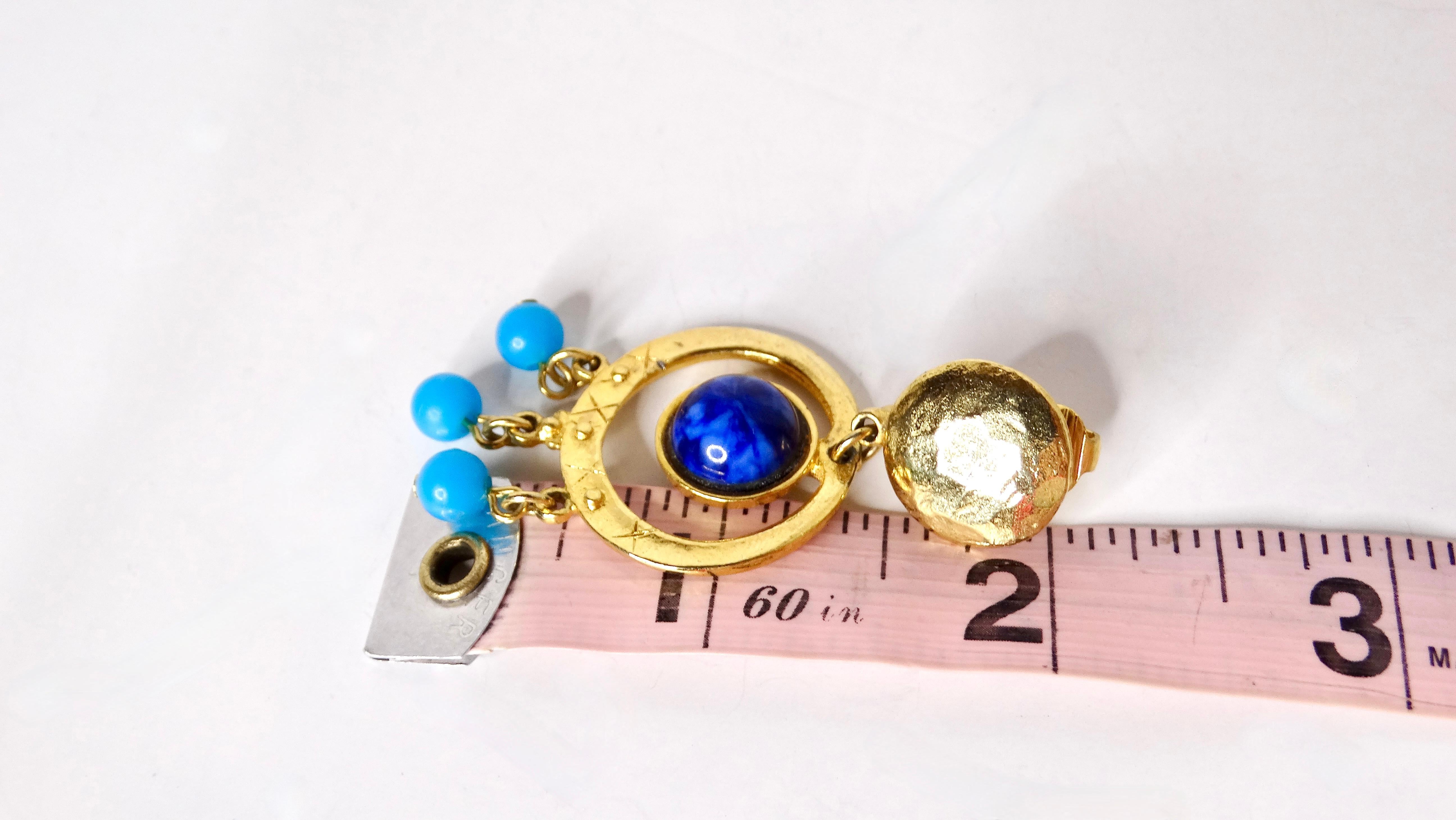 1980s Blue Dangle 18k Gold Plated Clip-On Earrings In Good Condition For Sale In Scottsdale, AZ