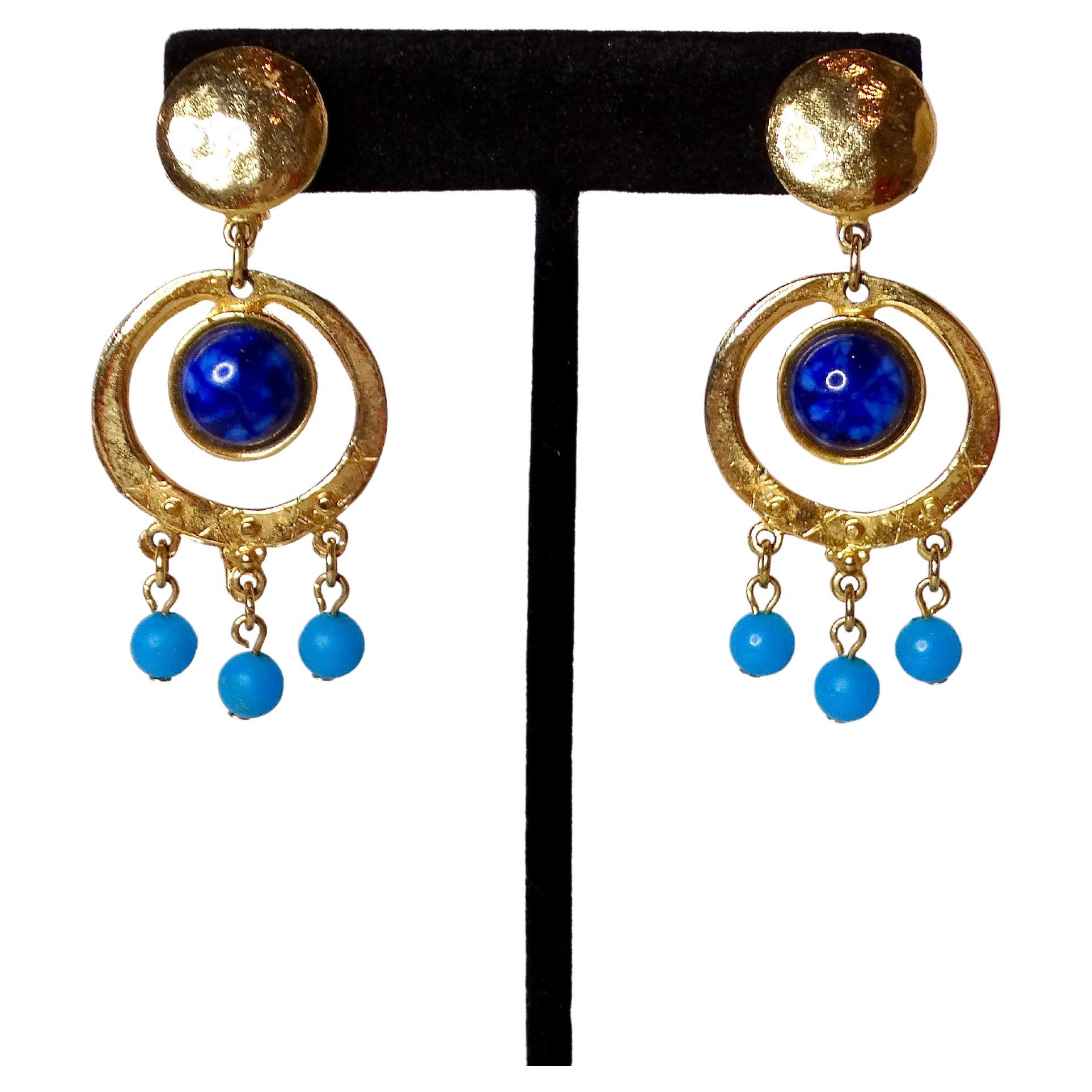 Women's 1980s Blue Dangle 18k Gold Plated Clip-On Earrings For Sale