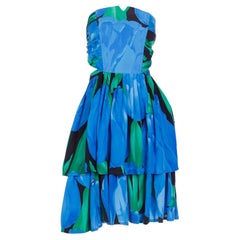 1980s Blue & Green Floral Retro Strapless Dress With Bustier and Tiered Skirt
