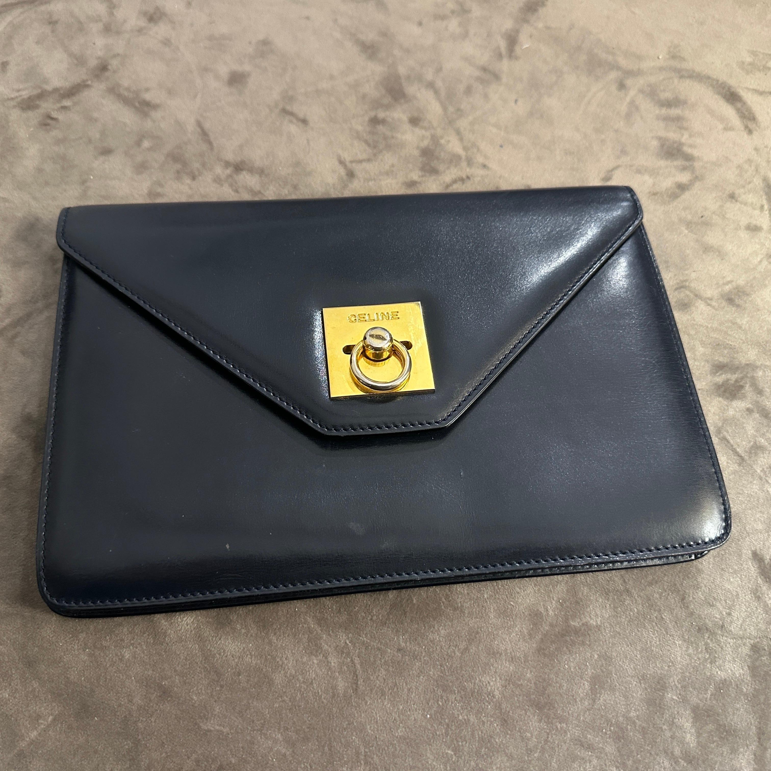 1980s Blue Leather and Brass Pochette Clutch Bag by Celine 5