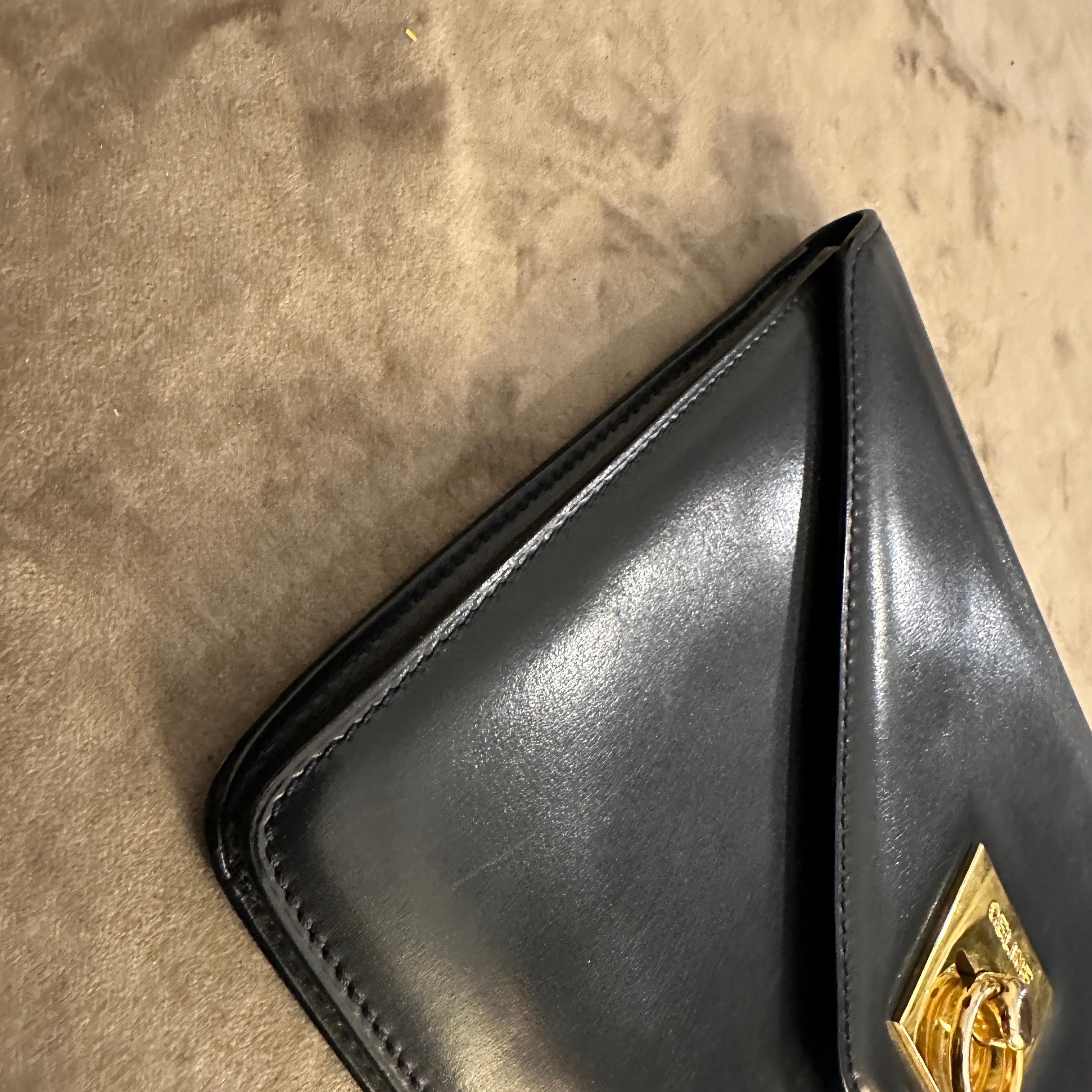 1980s Blue Leather and Brass Pochette Clutch Bag by Celine 7