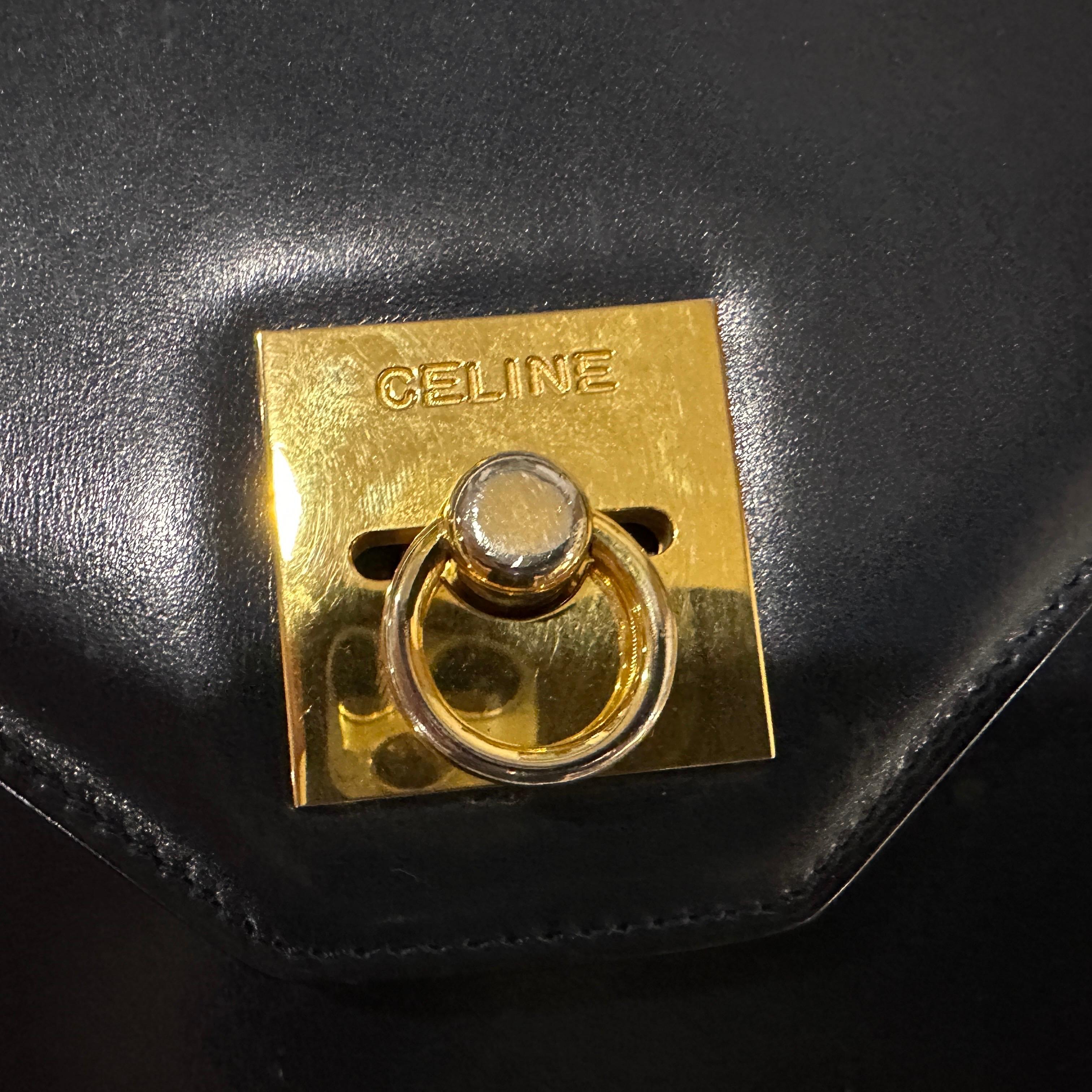 1980s Blue Leather and Brass Pochette Clutch Bag by Celine 9
