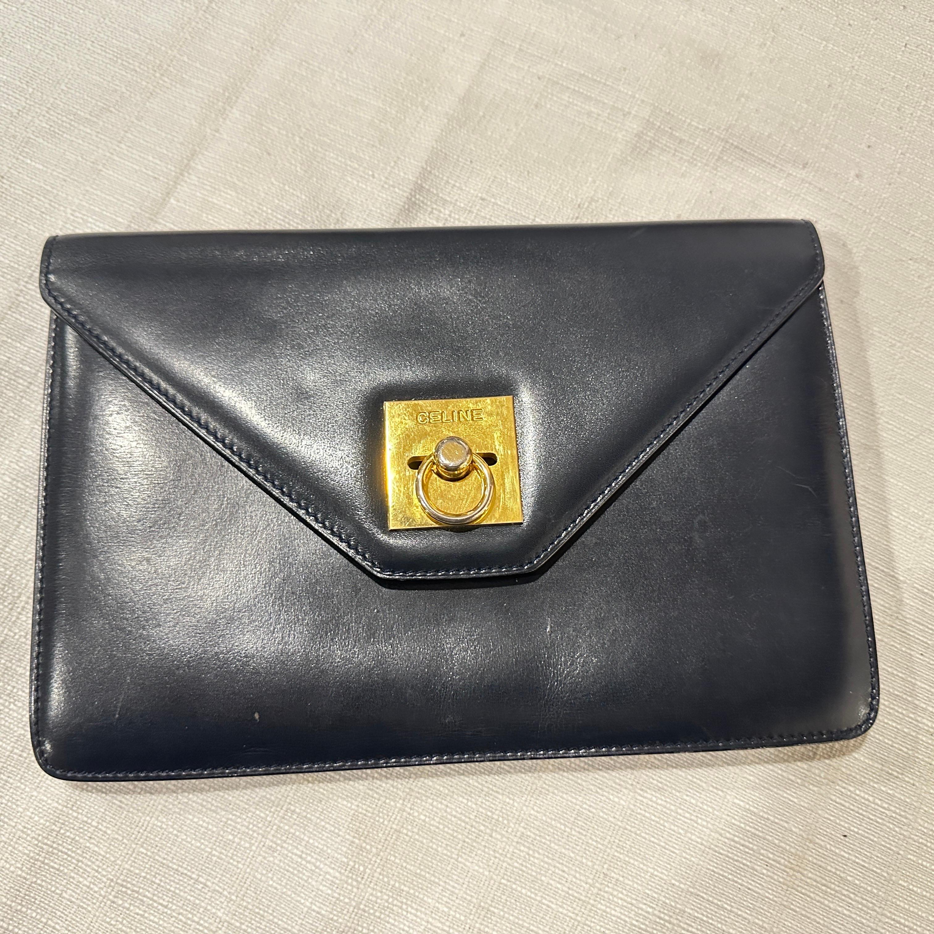 Black 1980s Blue Leather and Brass Pochette Clutch Bag by Celine