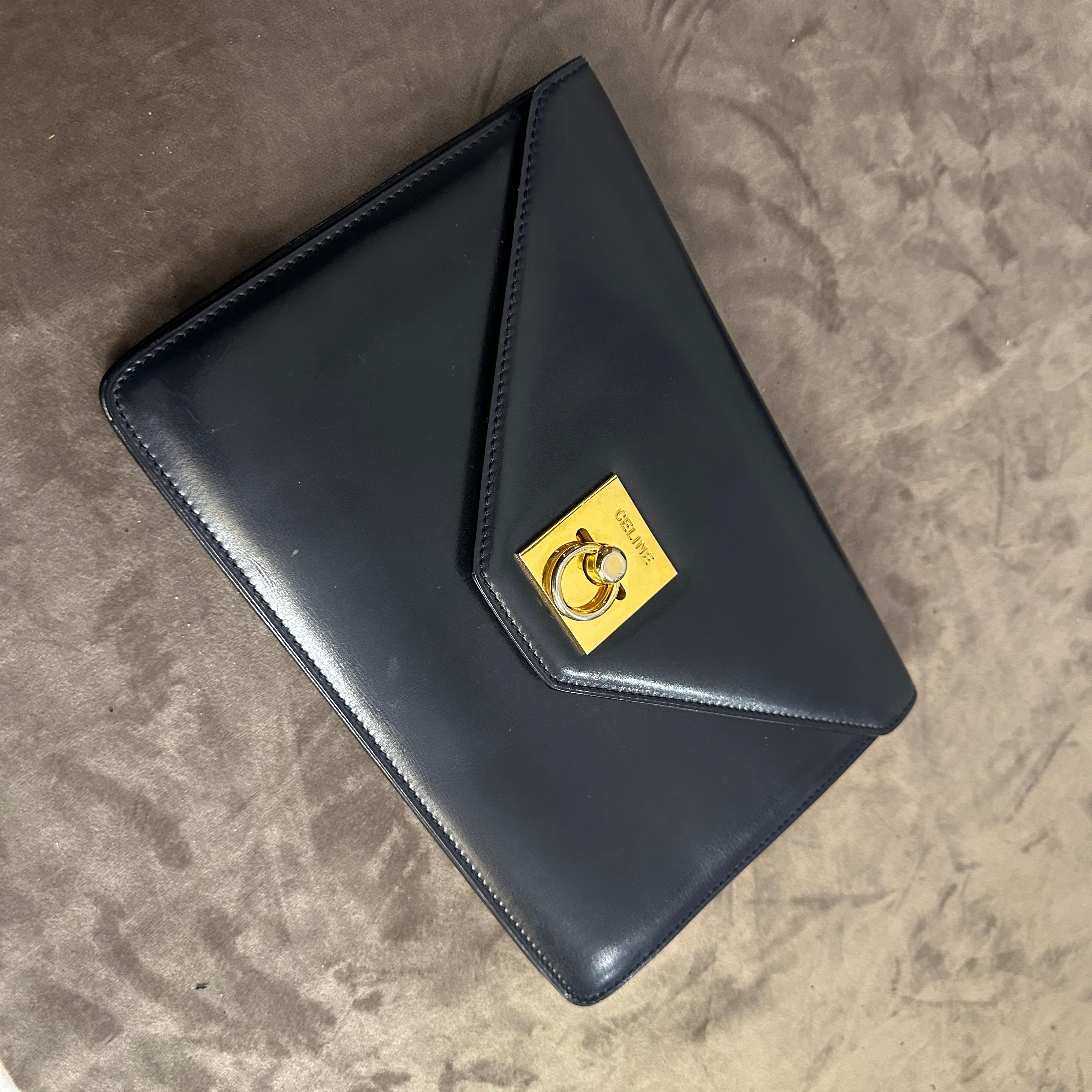 1980s Blue Leather and Brass Pochette Clutch Bag by Celine In Good Condition In Aci Castello, IT