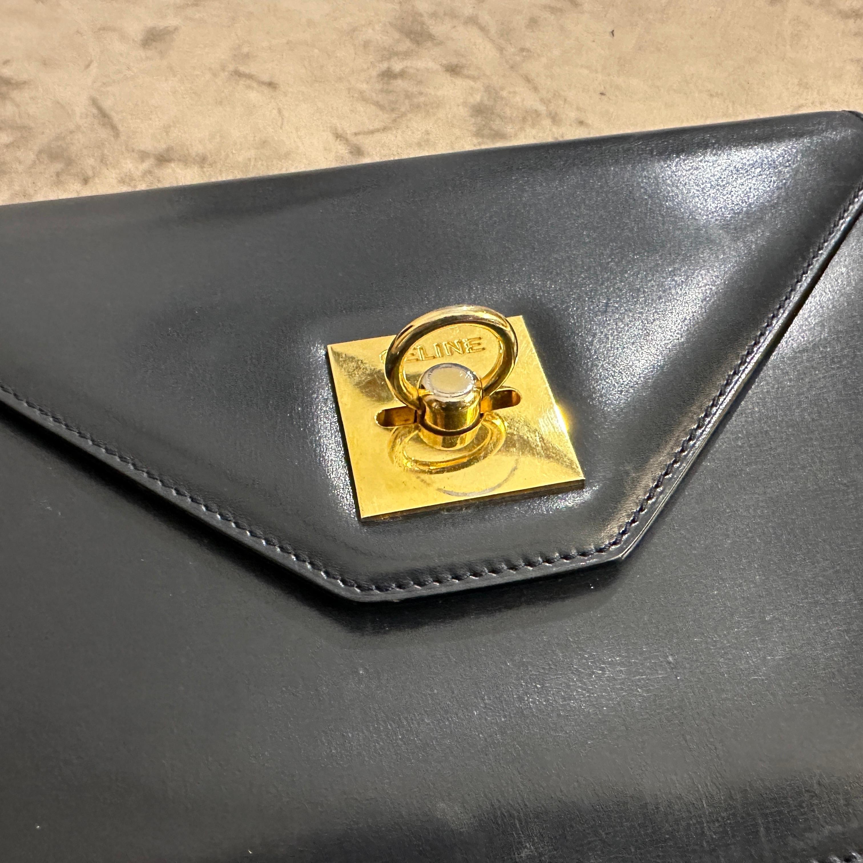 1980s Blue Leather and Brass Pochette Clutch Bag by Celine 1