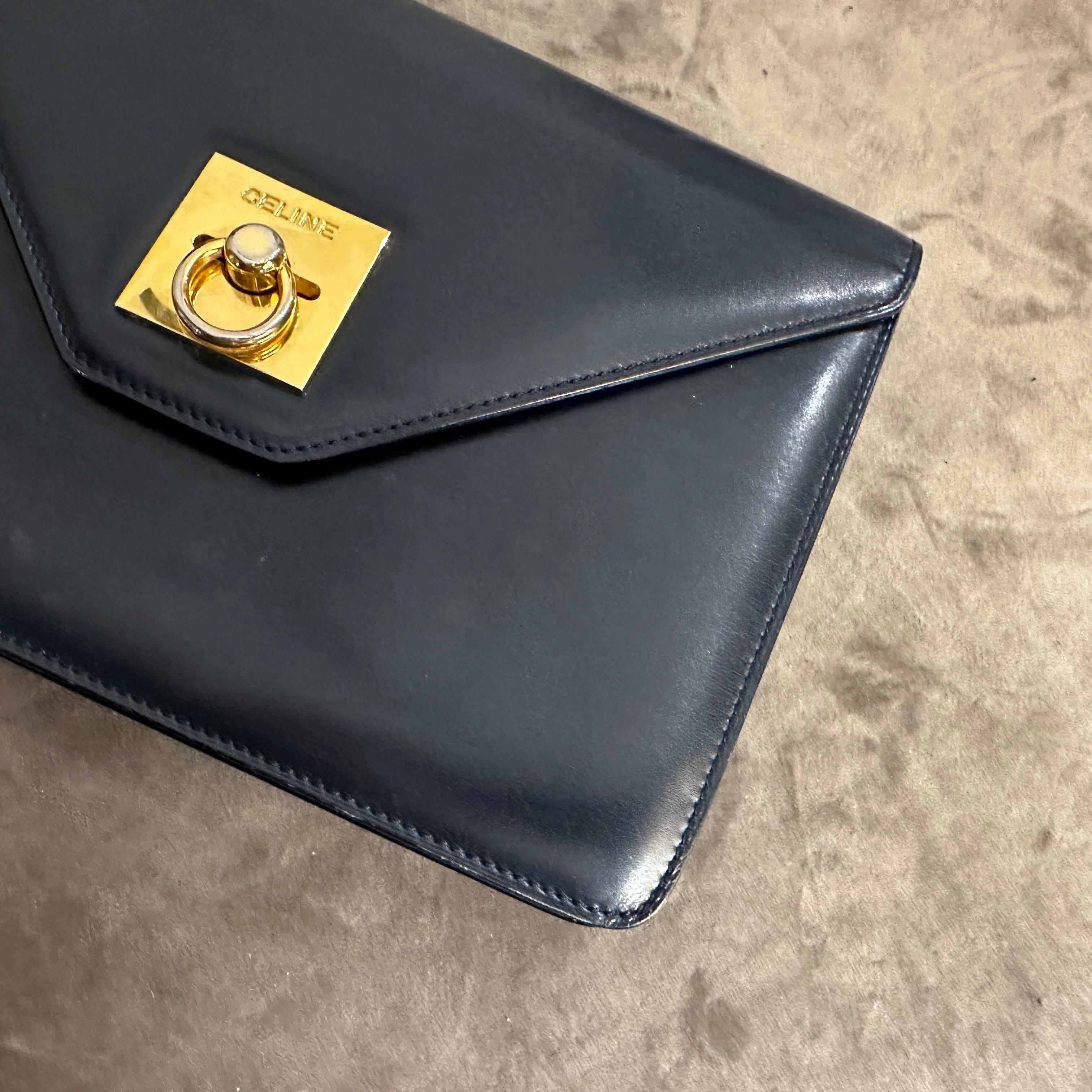 1980s Blue Leather and Brass Pochette Clutch Bag by Celine 3