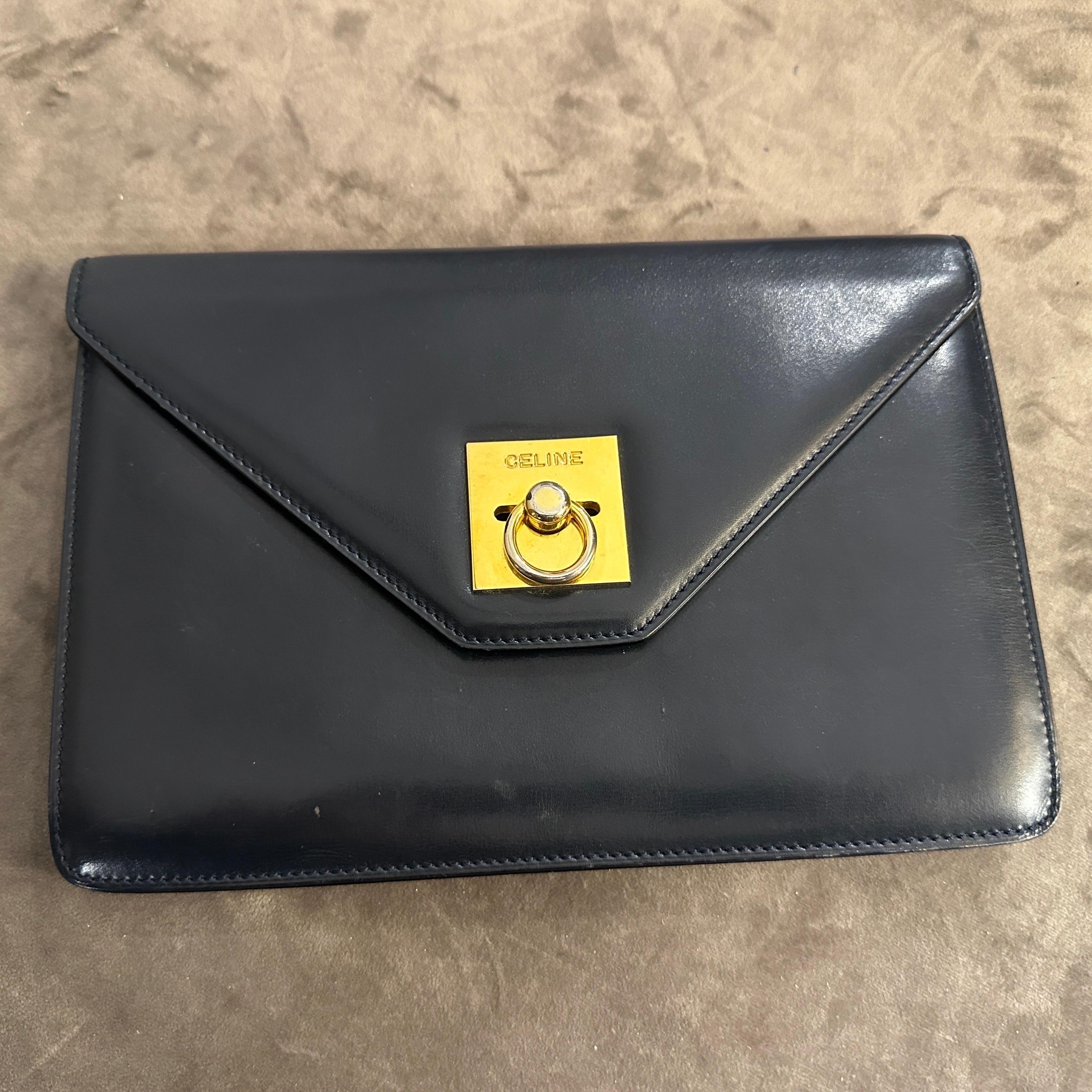 1980s Blue Leather and Brass Pochette Clutch Bag by Celine 4