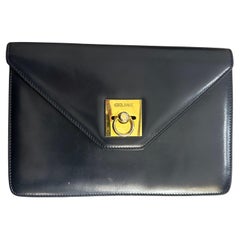 Vintage 1980s Blue Leather and Brass Pochette Clutch Bag by Celine