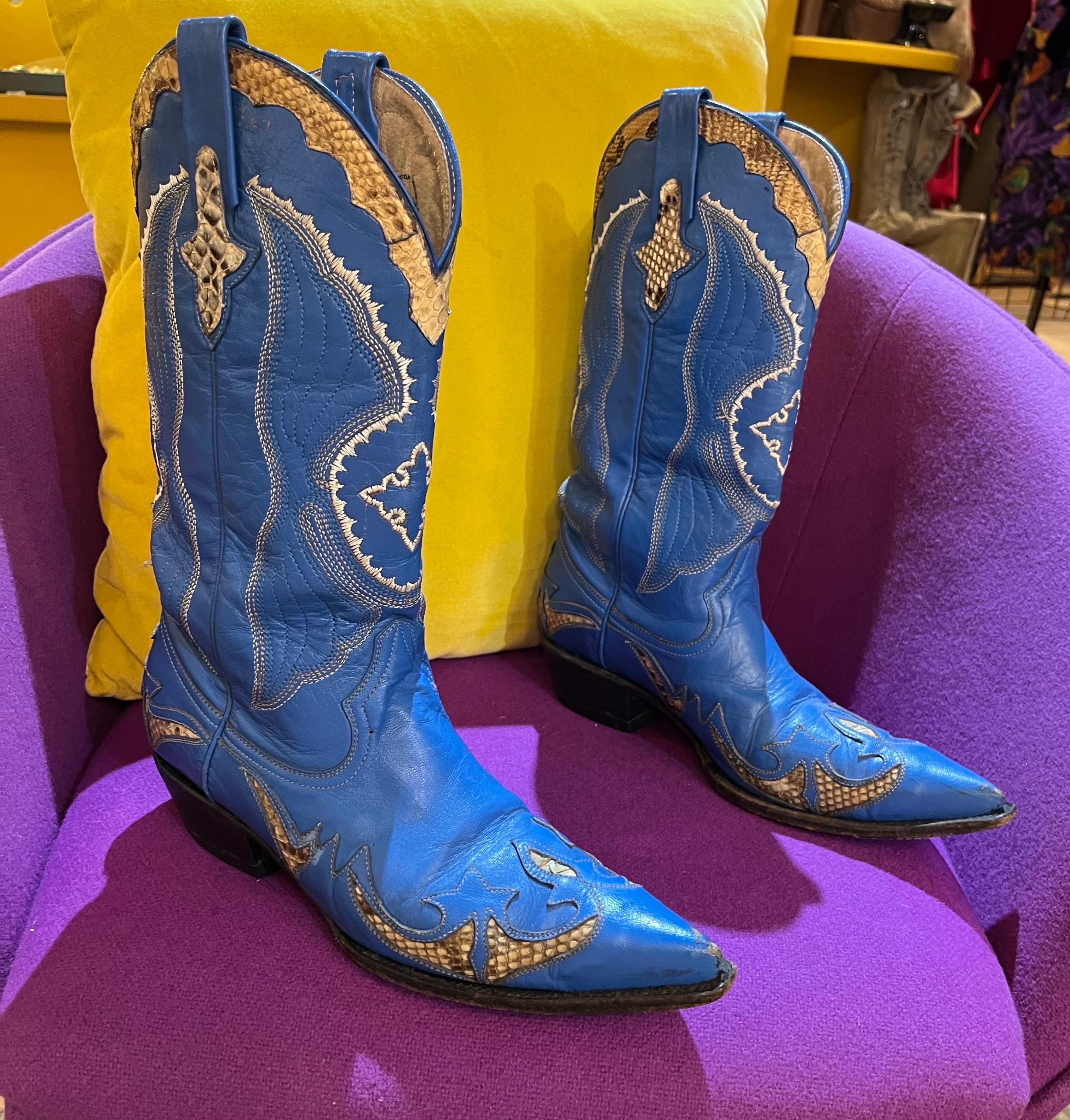 1980's Blue Leather and Python Accent Cowgirl Boots  In Good Condition For Sale In Greenport, NY
