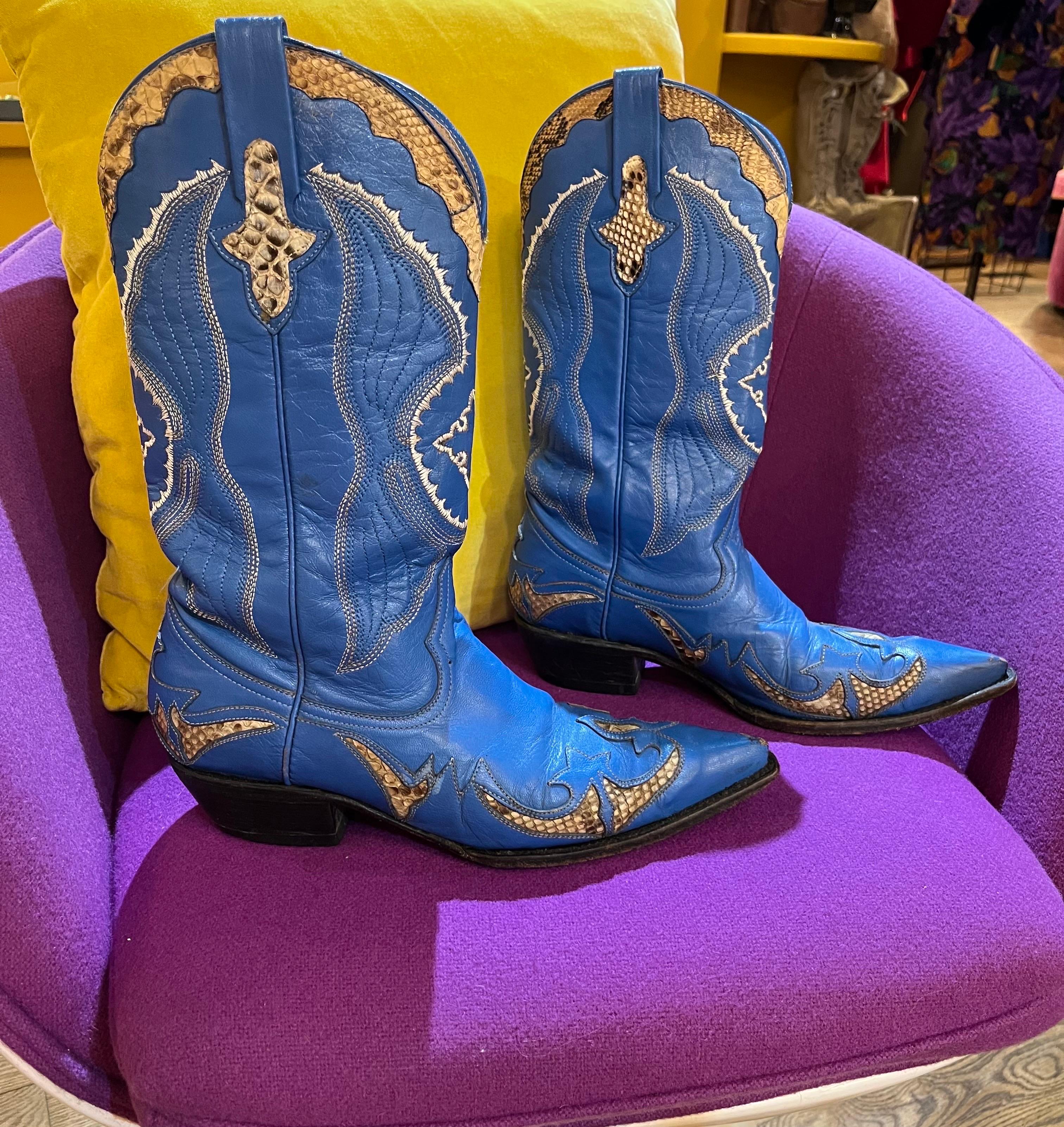 Women's or Men's 1980's Blue Leather and Python Accent Cowgirl Boots  For Sale