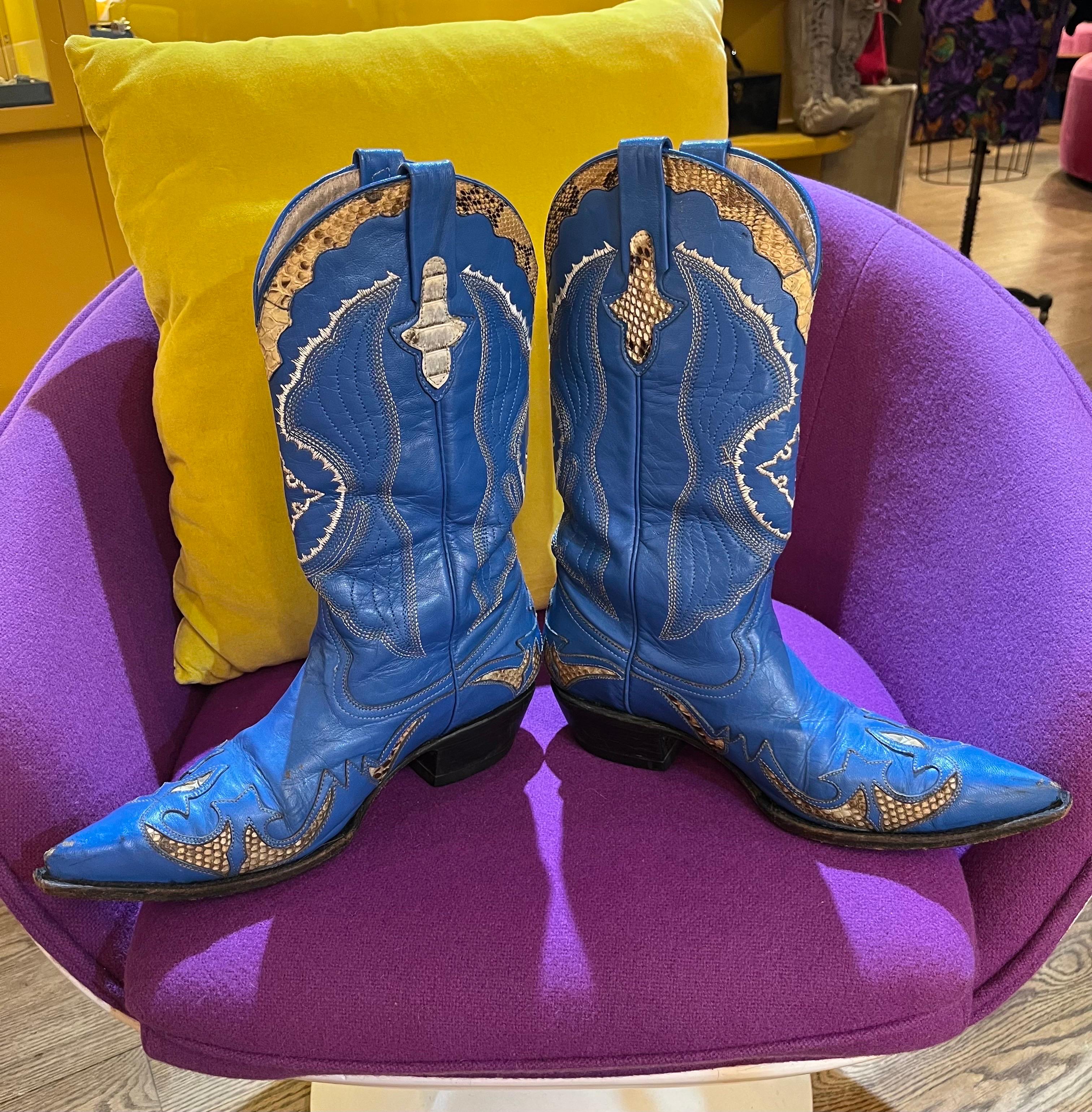 1980's Blue Leather and Python Accent Cowgirl Boots  For Sale 1