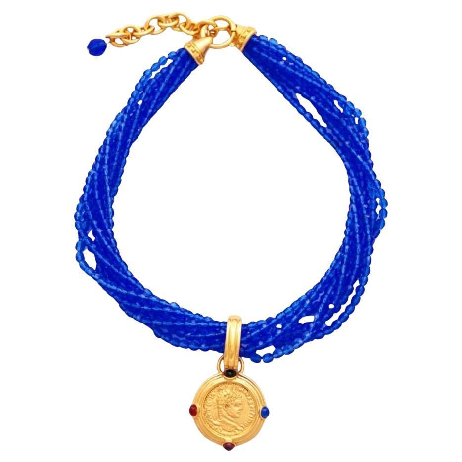 1980s Blue Multi-Strand Choker Necklace With Roman Coin Pendant By Carolee