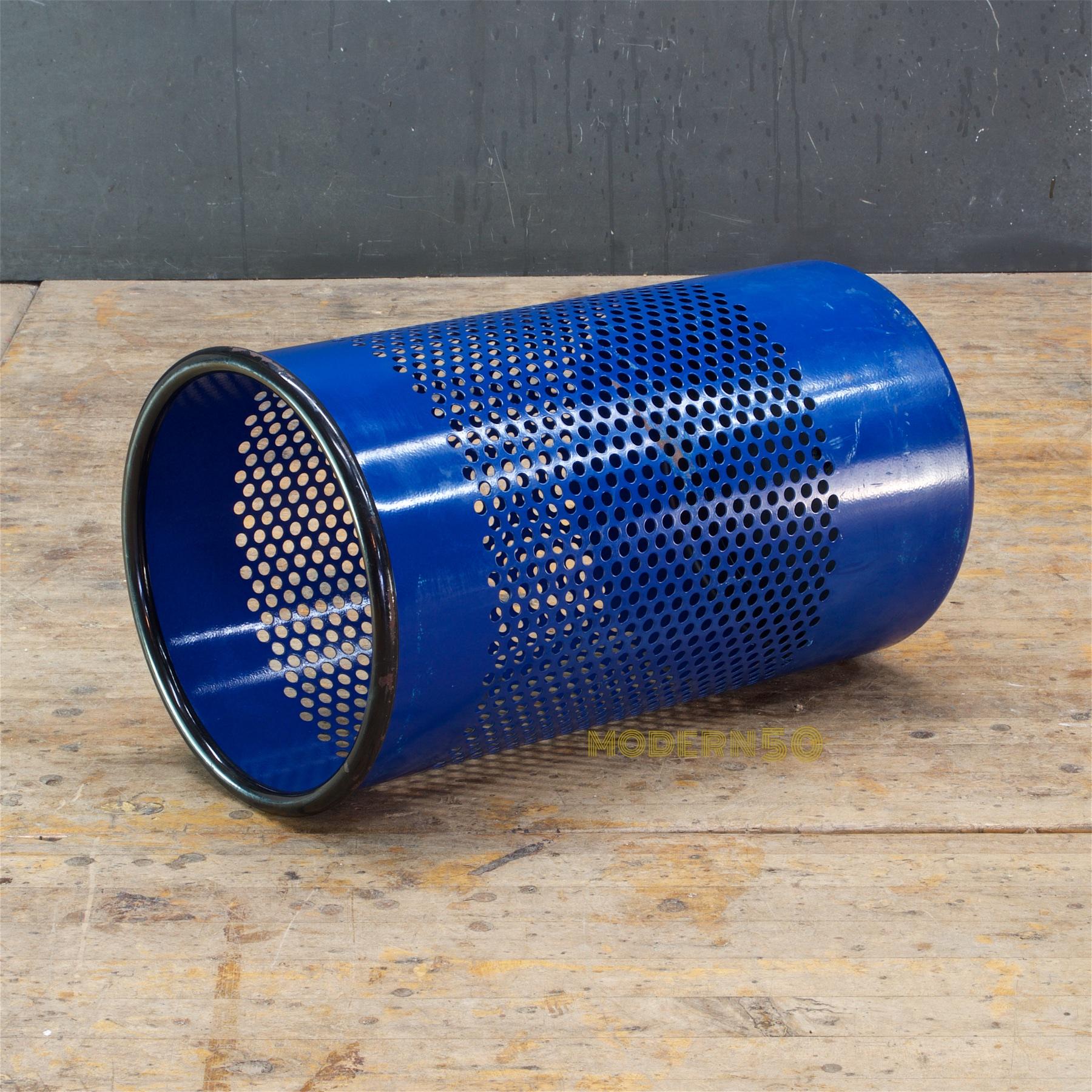 Mid-Century Modern 1980s Blue Perforated Metal Office Wastebasket Trash Can Italy Memphis Sottsass