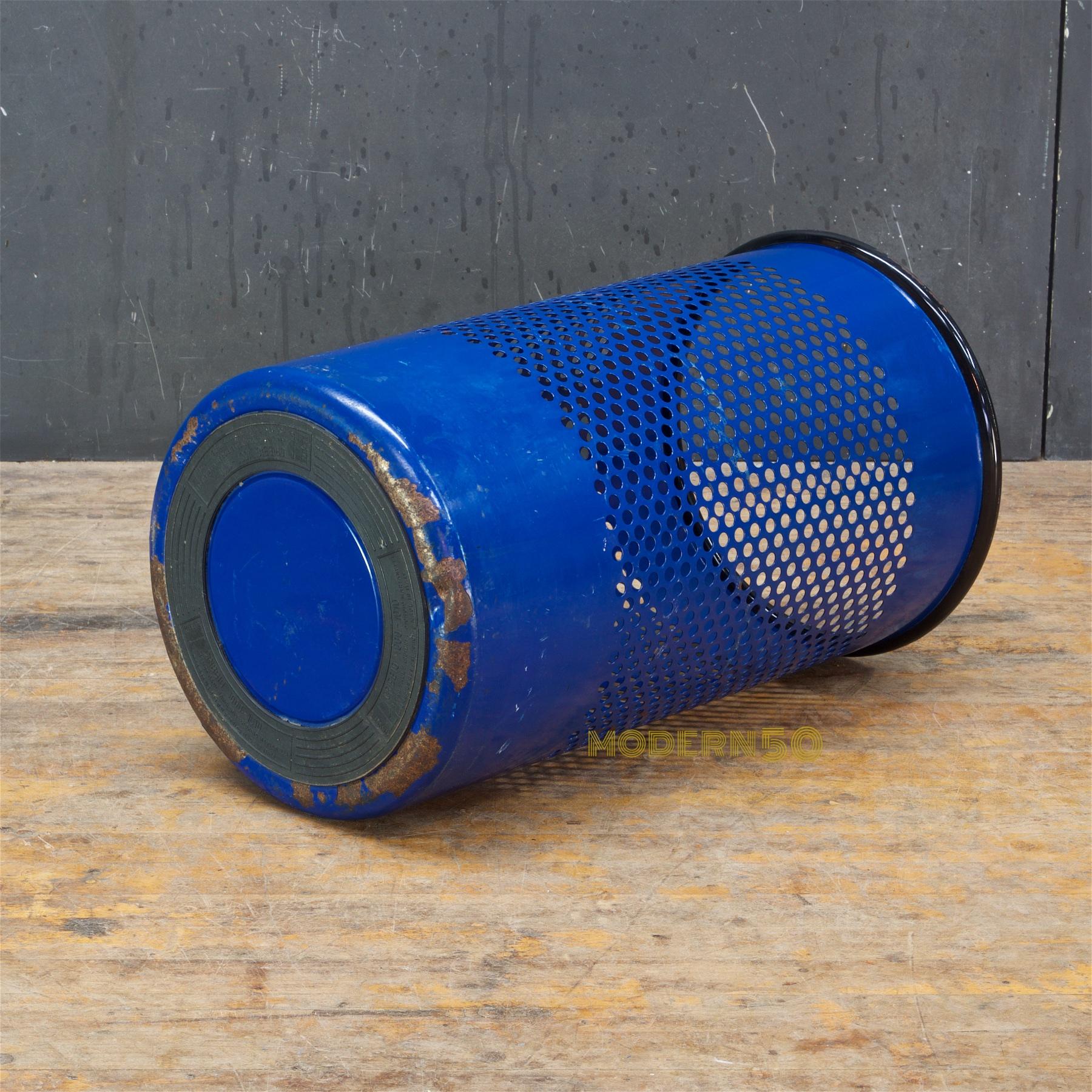 Italian 1980s Blue Perforated Metal Office Wastebasket Trash Can Italy Memphis Sottsass