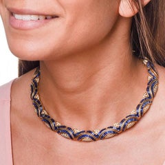 1980s Blue Sapphire Diamond 18 Karat Yellow Gold Choker Necklace