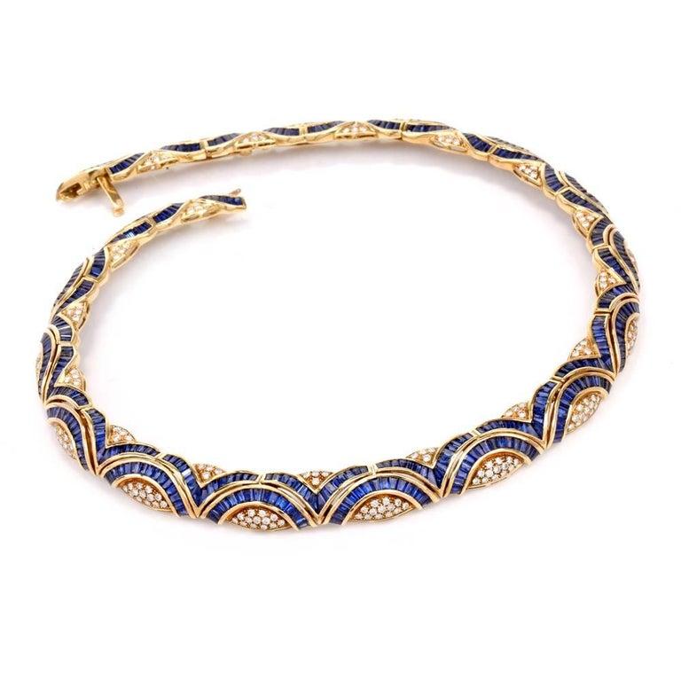 Round Cut 1980s Blue Sapphire Diamond 18 Karat Yellow Gold Choker Necklace