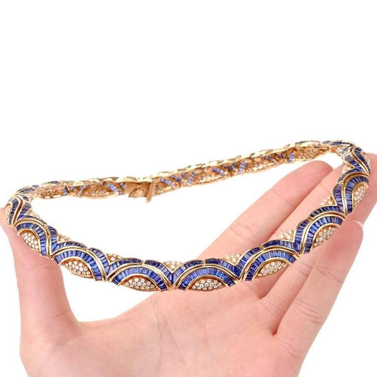 Women's 1980s Blue Sapphire Diamond 18 Karat Yellow Gold Choker Necklace