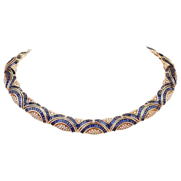 1980s Blue Sapphire Diamond 18 Karat Yellow Gold Choker Necklace