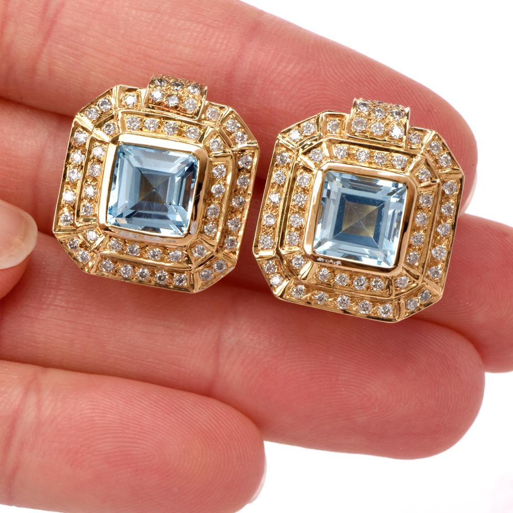 1980s Blue Topaz Diamond Square Stud Clip Earrings 2