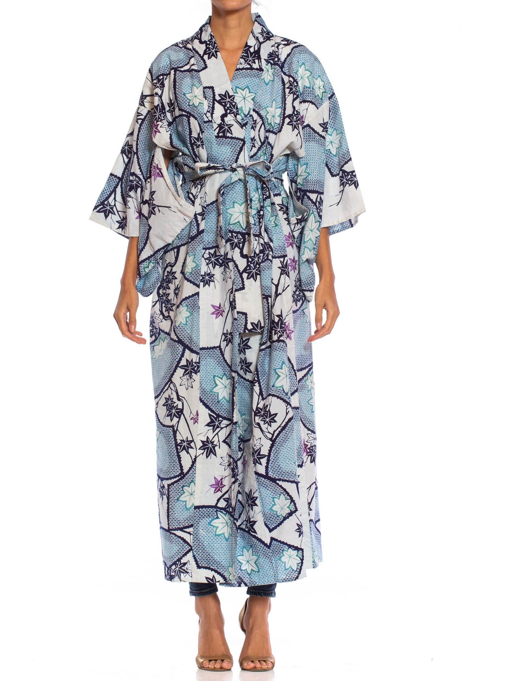 1980S Blau & Weiß Baumwolle Japanisch Ahornblatt Shibori Druck Kimono Robe Schärpe