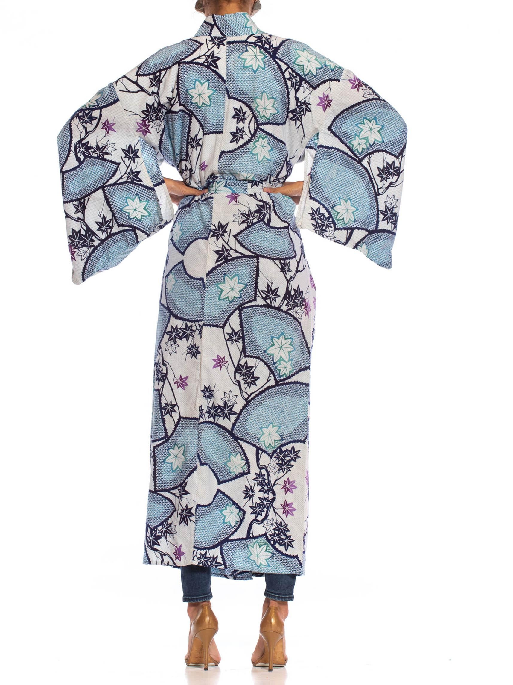 Gray 1980S Blue & White Cotton Japanese Maple Leaf Shibori Print Kimono Robe Sash For Sale