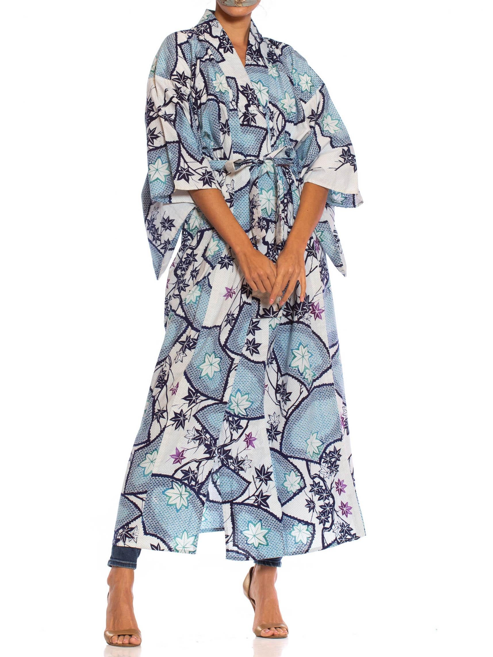 Women's or Men's 1980S Blue & White Cotton Japanese Maple Leaf Shibori Print Kimono Robe Sash For Sale