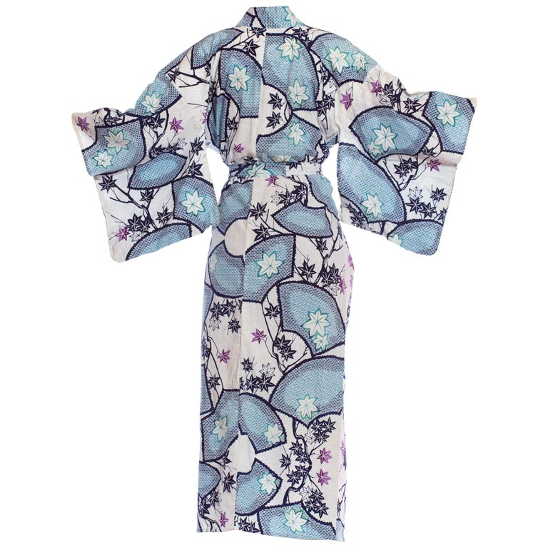 1980S Blue and White Cotton Japanese Maple Leaf Shibori Print Kimono