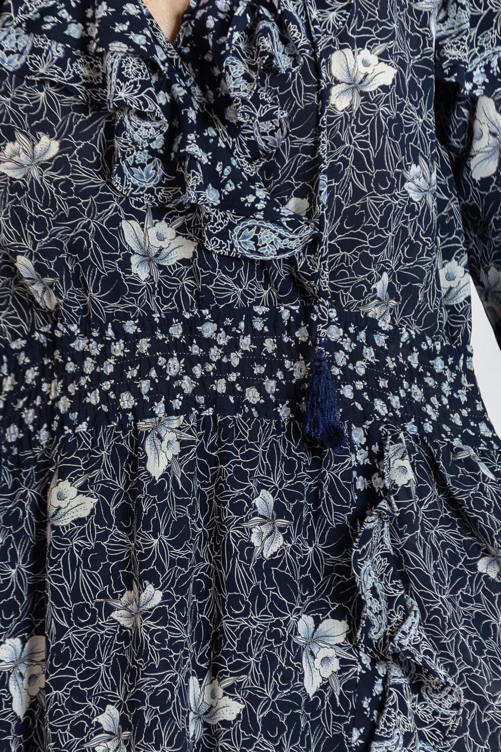 1980S Blue & White Poly Blend Ruffled Boho Dress For Sale 5