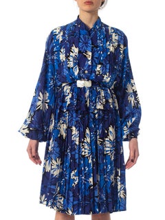 1980S MILA SCHON Blue & White Haute Couture Silk Crepe De Chine Long Sleeve Ple