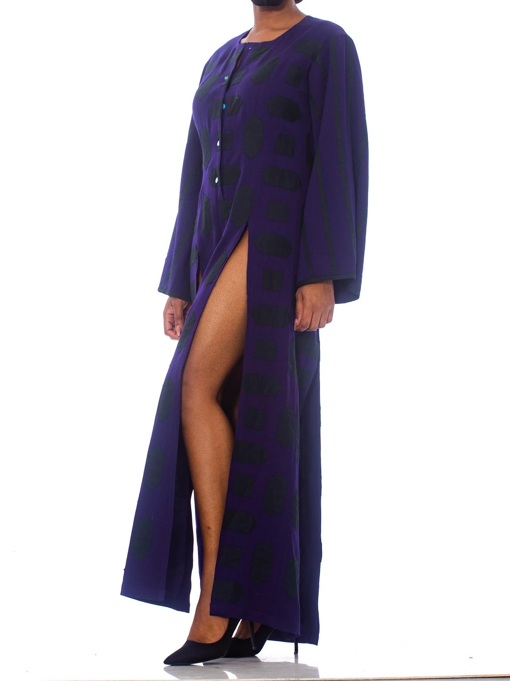 1980S Blue  Wool Theatrical Tunic Dress With Slits And Geometric Appliqué In Excellent Condition For Sale In New York, NY