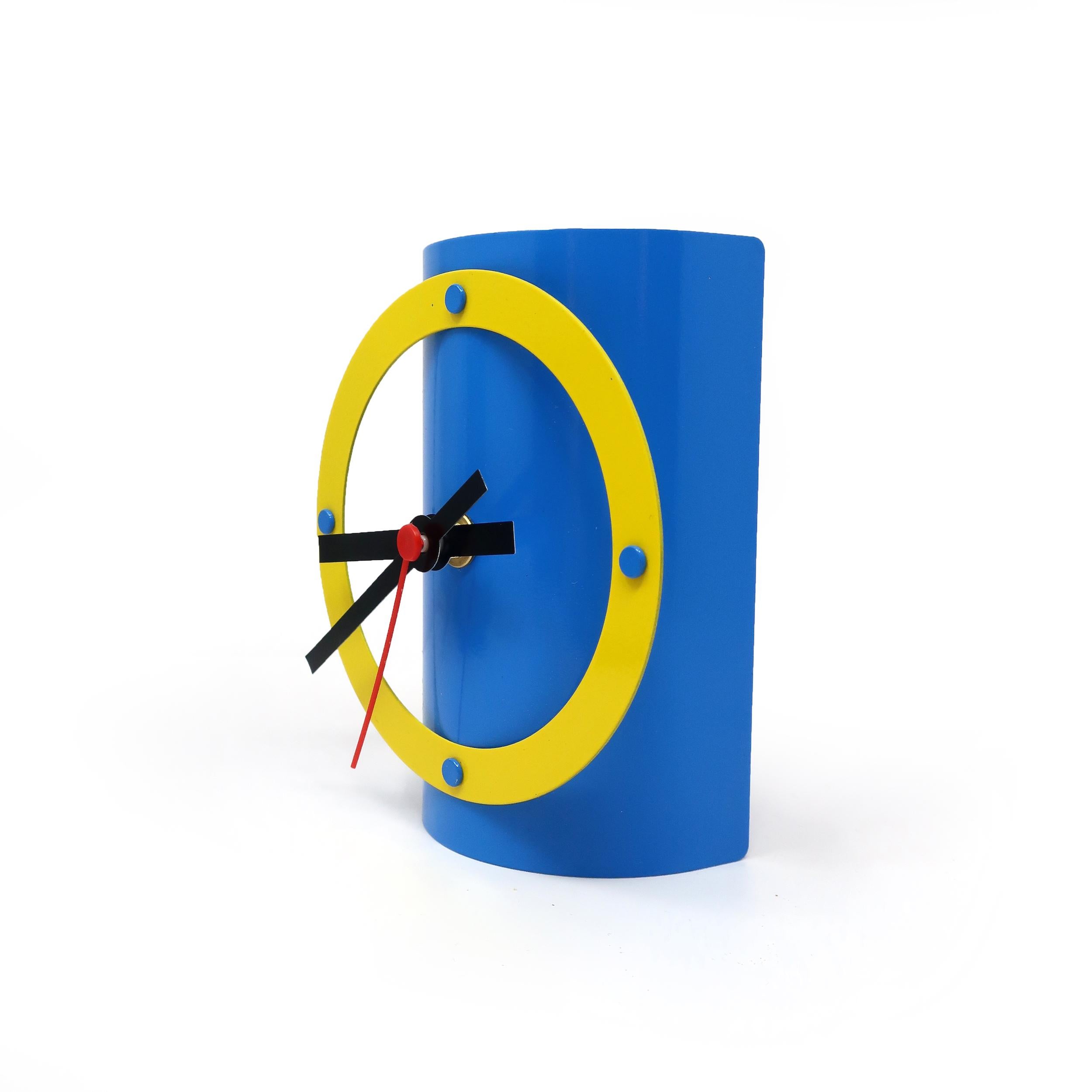 Post-Modern 1980s Blue, Yellow and Black Metal Desk Clock by Time Square